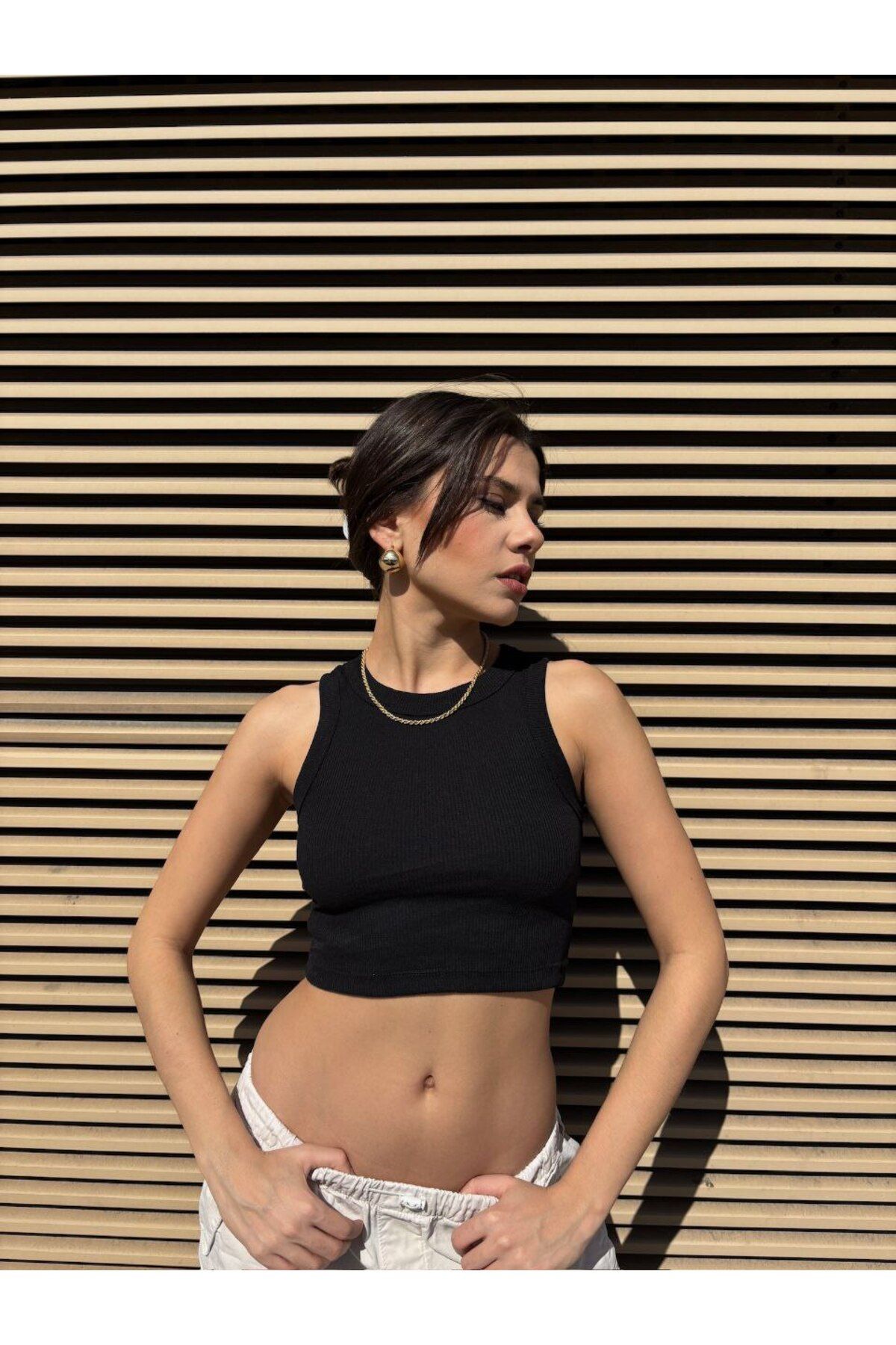 OWWO Kadın Beyaz Fitilli Halter Yaka Crop