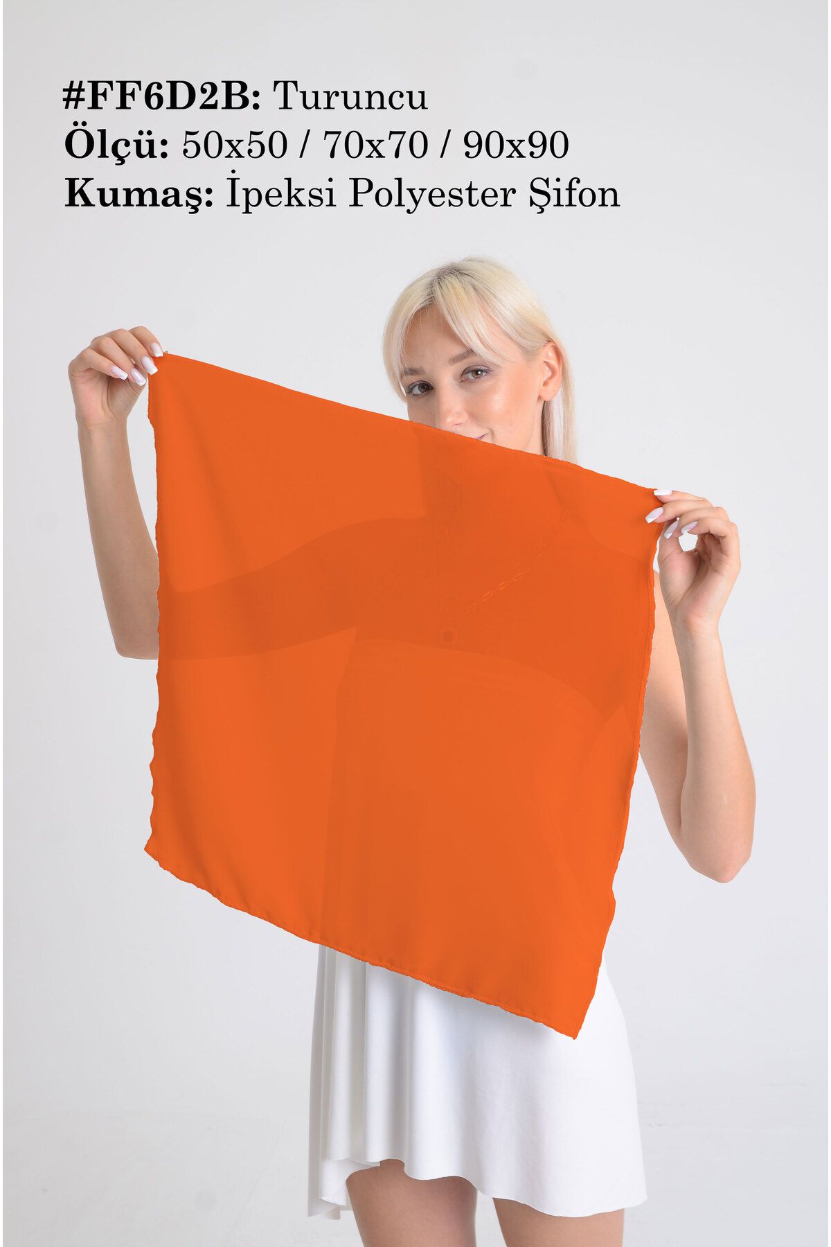 DESENİX Turuncu Renk İpeksi Şifon Fular - Şal, Eşarp, Boyunluk - 50x50, 70x70, 90x90 cm