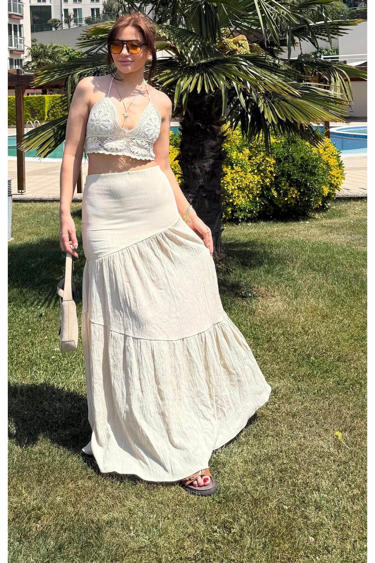 Daves Katlı Uzun Beli Lastikli- Etek-Kahve