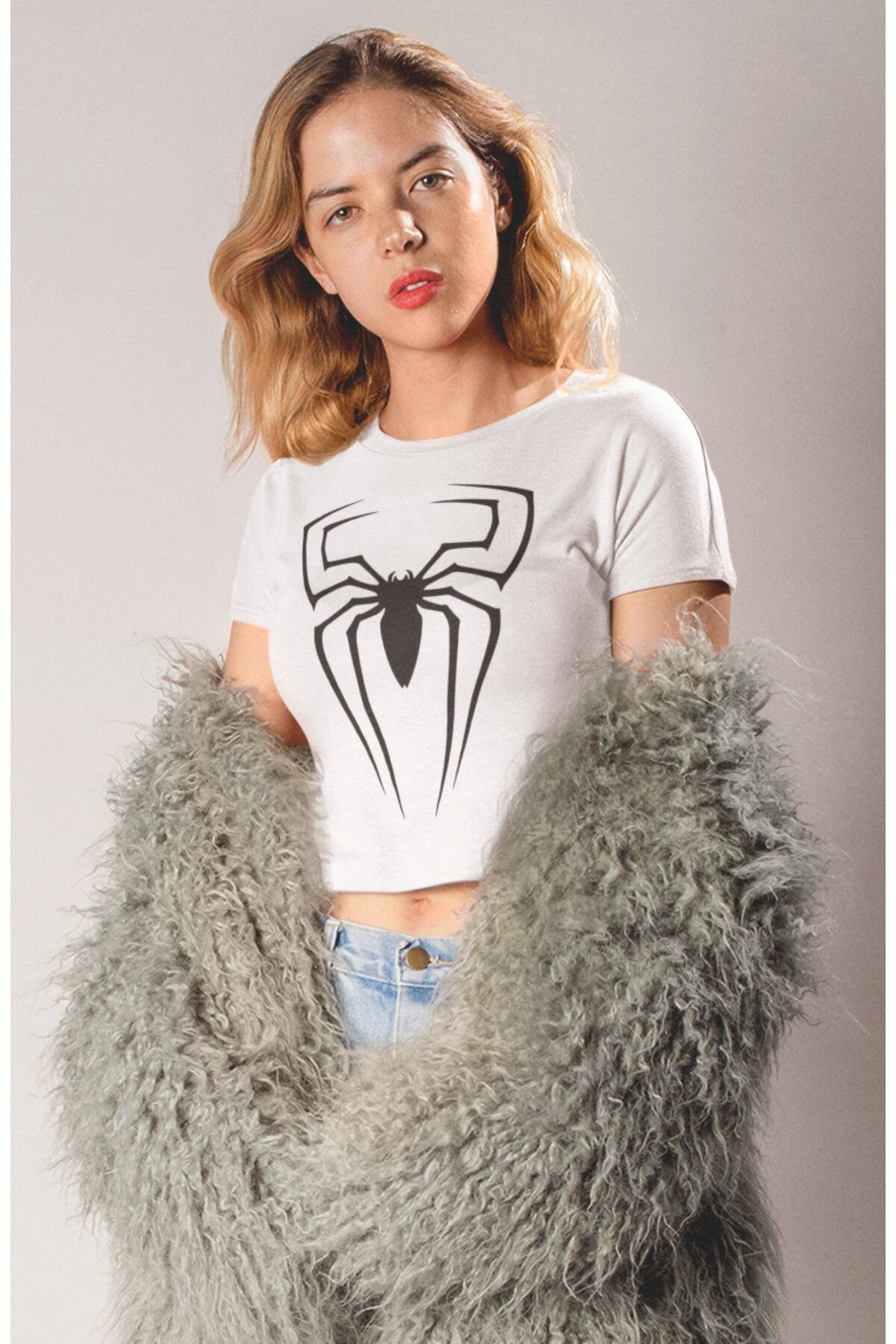 Fuddy Moda Örümcek Baskılı Crop Top, Kadın Spider Temalı Crop Bluz