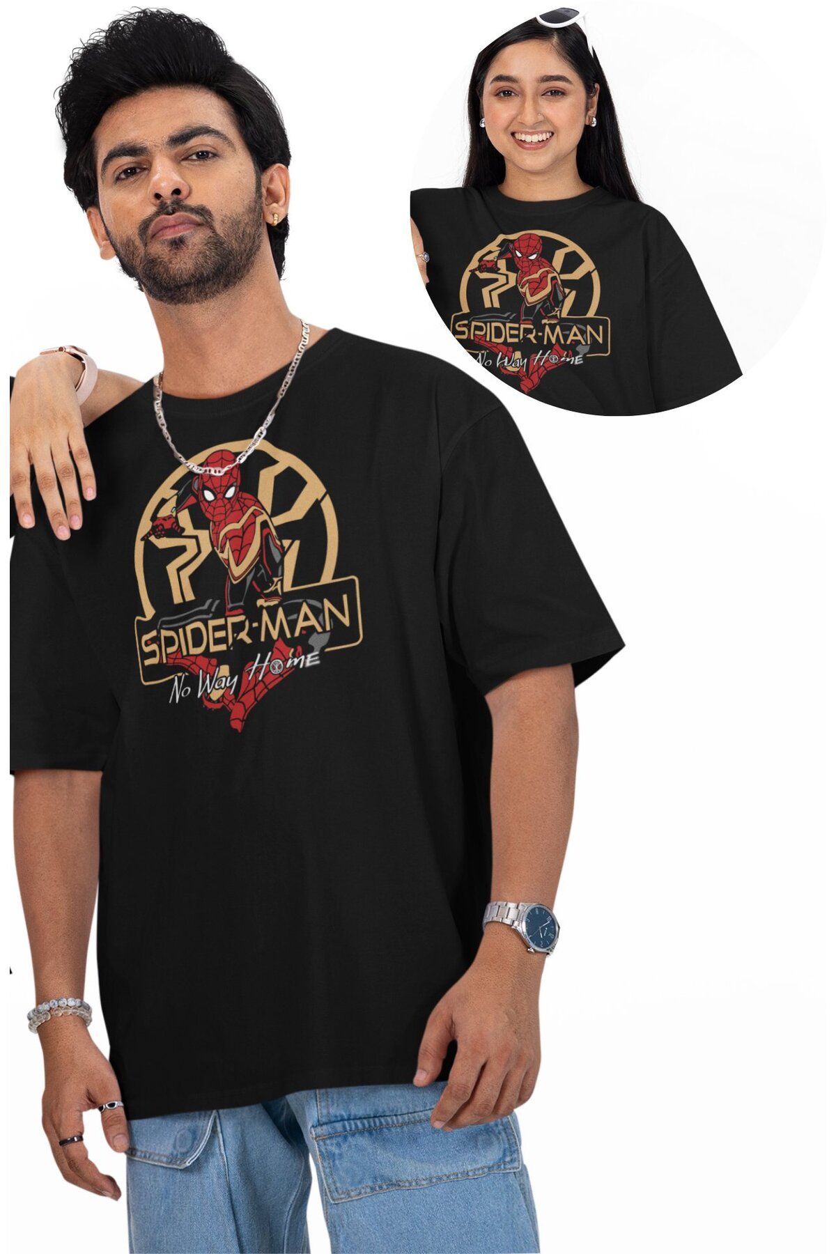 Fuddy Moda Unisex Süper Kahraman Örümcek Baskılı Tişört, Oversize No Way Home Yazılı T-Shirt