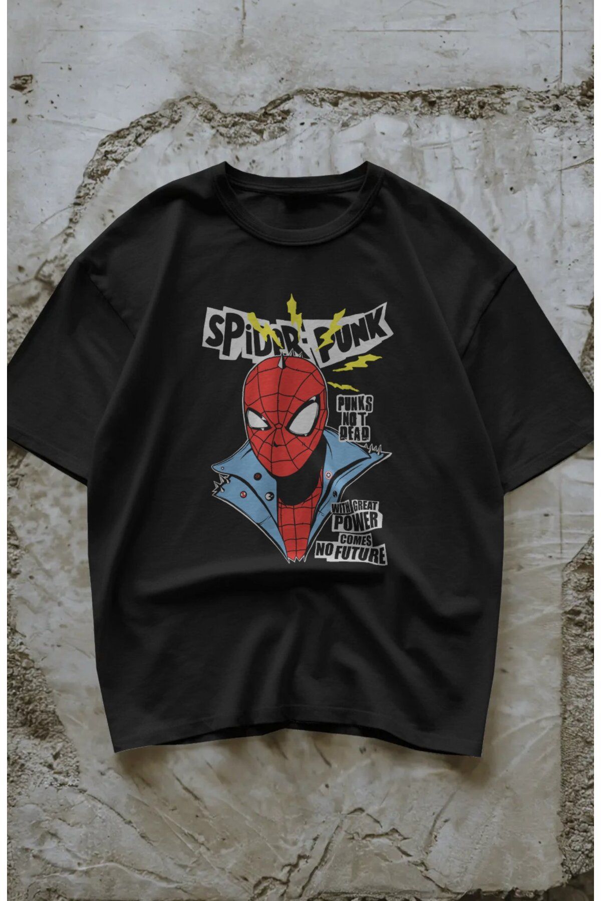 Fuddy Moda Unisex Punks Not Dead Yazılı Tişört, Oversize Spider Punk Baskılı T-Shirt