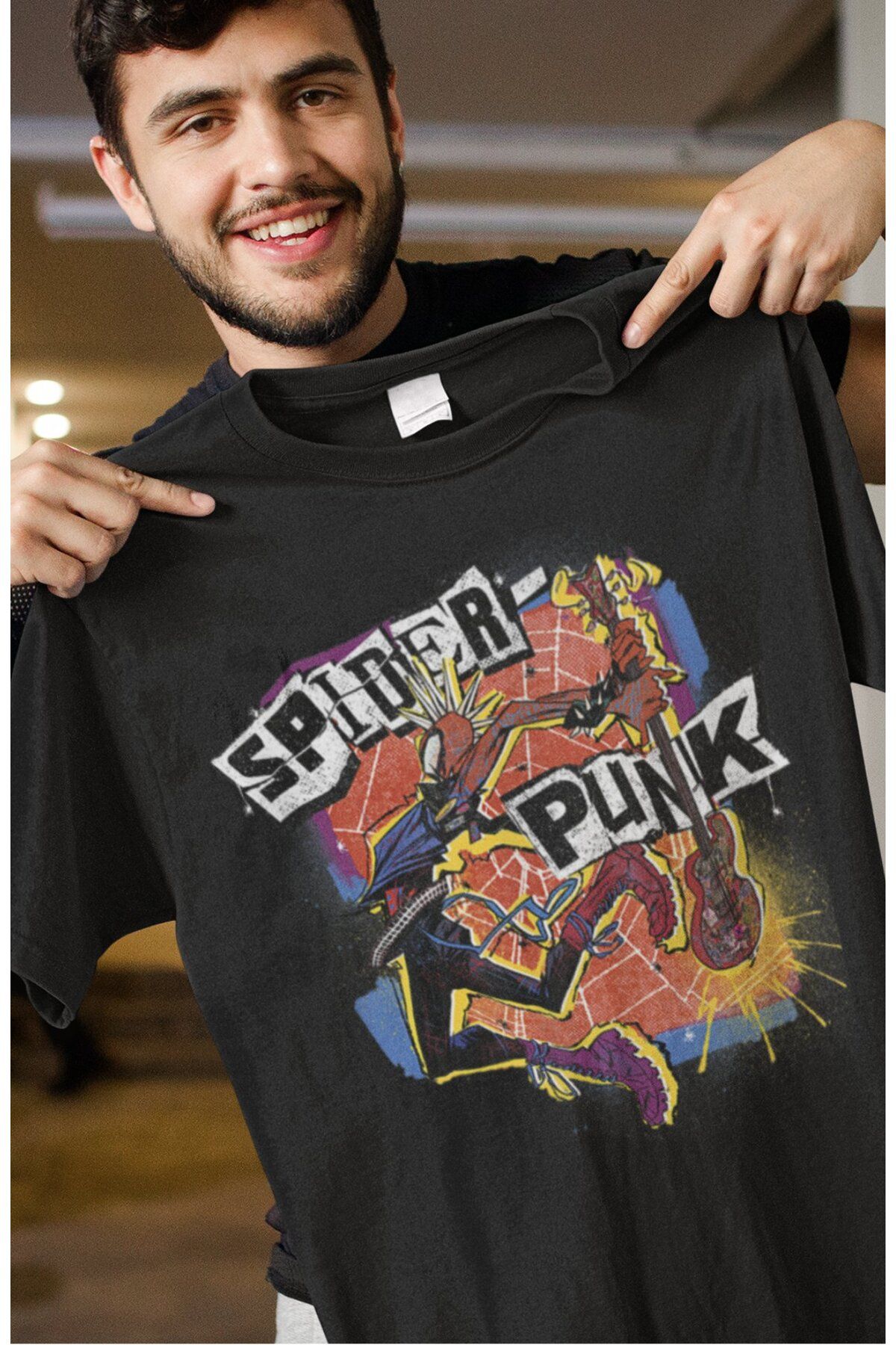 Fuddy Moda Unisex Spider Punk Baskılı Tişört, Oversize Örümcek Evreni Temalı T-Shirt