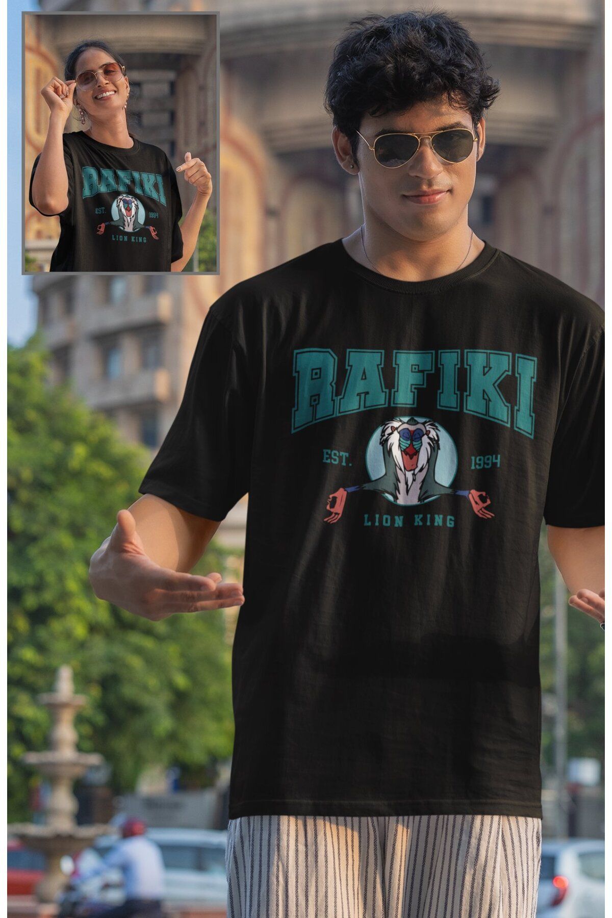 Fuddy Moda Unisex Lion King Rafiki Baskılı Tişört, Oversize Çizgi Film Aslan Kral Temalı T-Shirt