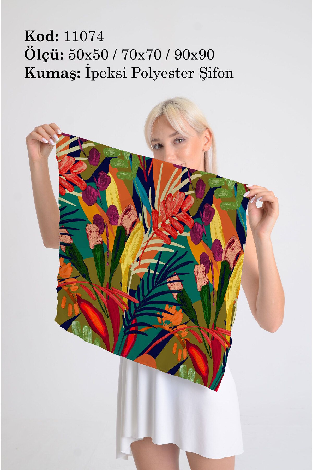 DESENİX Renkli Tropikal Çiçekler Desenli İpeksi Şifon Fular - Şal, Eşarp, Boyunluk - 50x50, 70x70, 90x90 cm