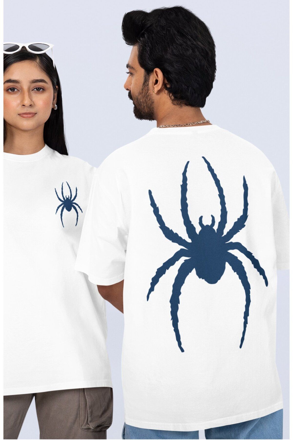 Fuddy Moda Unisex Mavi Örümcek Sırt Baskılı Tişört, Oversize Super Hero Spider Temalı T-Shirt