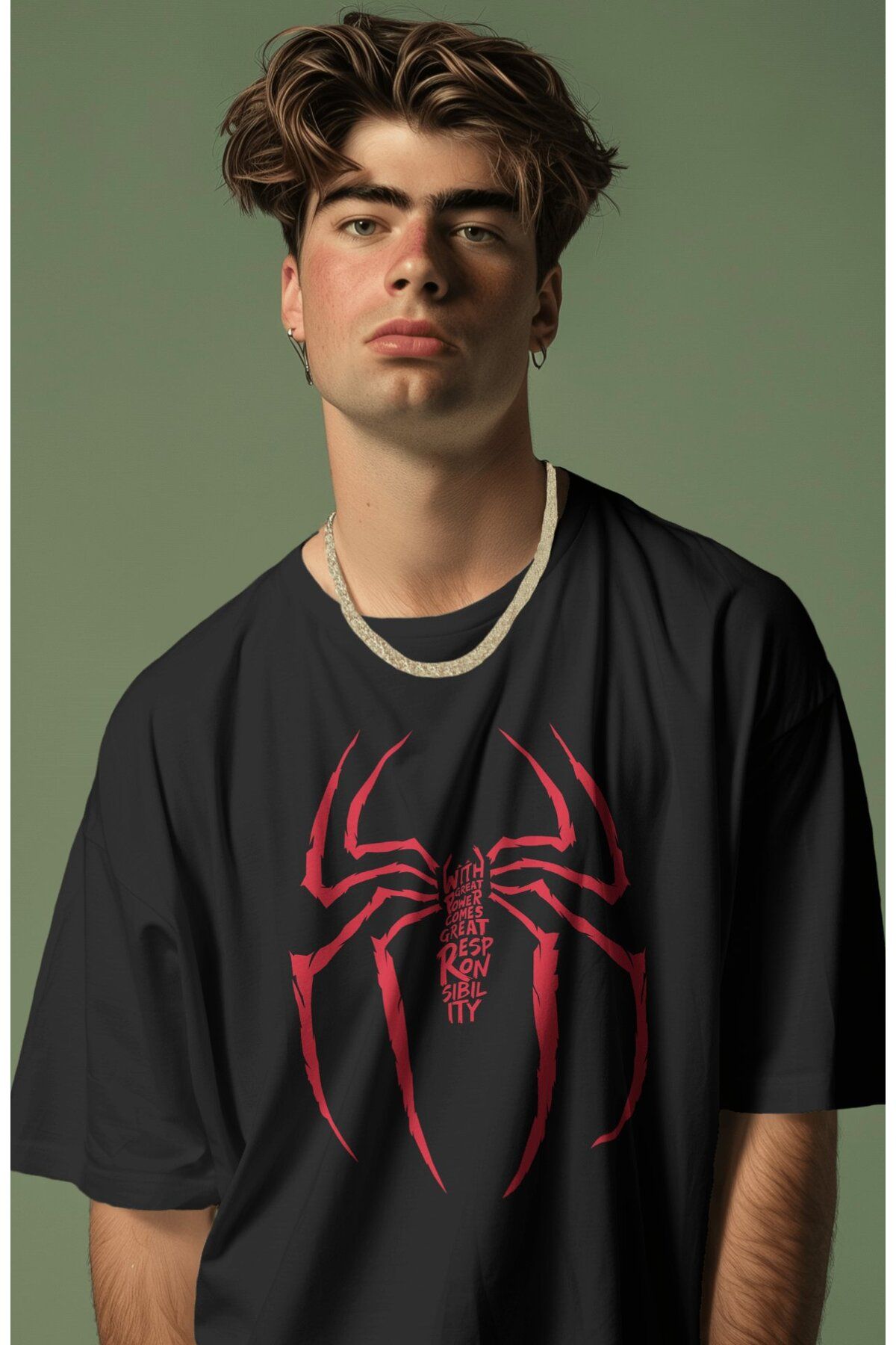 Fuddy Moda Unisex With Great Power Comes Great Responsibility Yazılı Tişört, Oversize Örümcek Baskılı T-Shirt