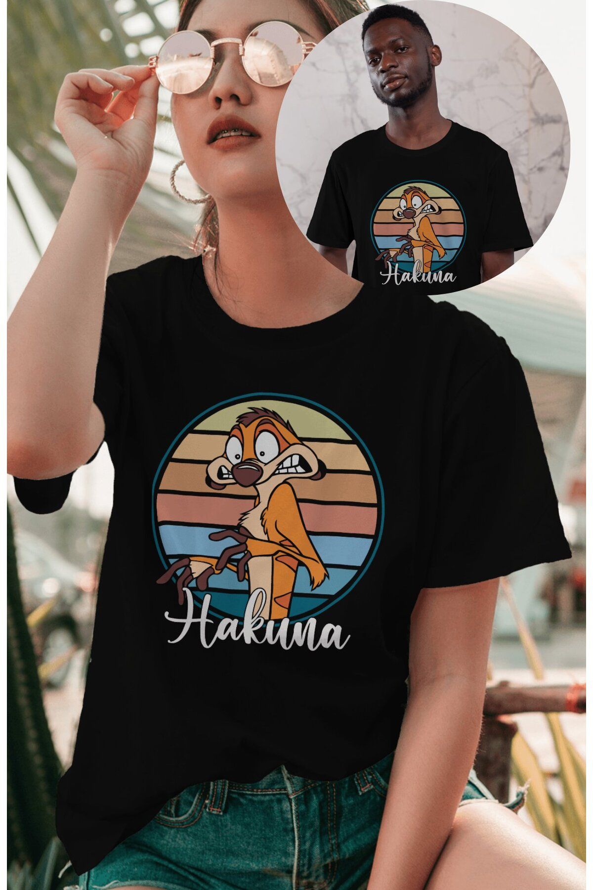 Fuddy Moda Unisex Hakuna Yazılı Tişört, Oversize Çizgi Film Aslan Kral Temalı T-Shirt