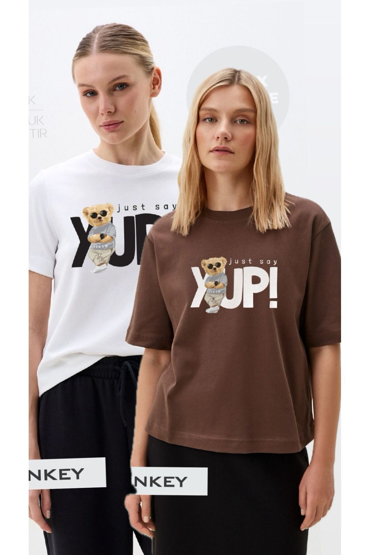 woonkey KADIN OVERSİZE YUP BASKILI BİSİKLET YAKA RAHAT KALIP 2 ADET T-SHIRT AVANTAJLI PAKET