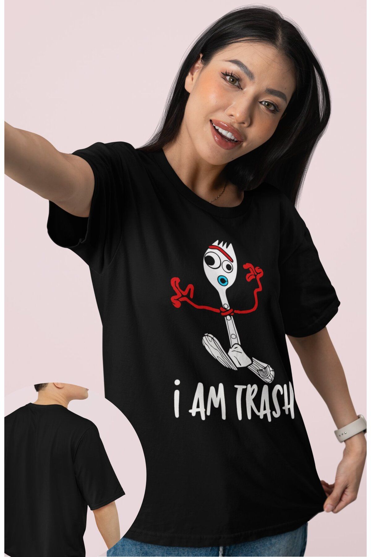 Fuddy Moda Unisex I'm Trash Baskılı Tişört, Oversize Toy Story Forky Temalı T-Shirt