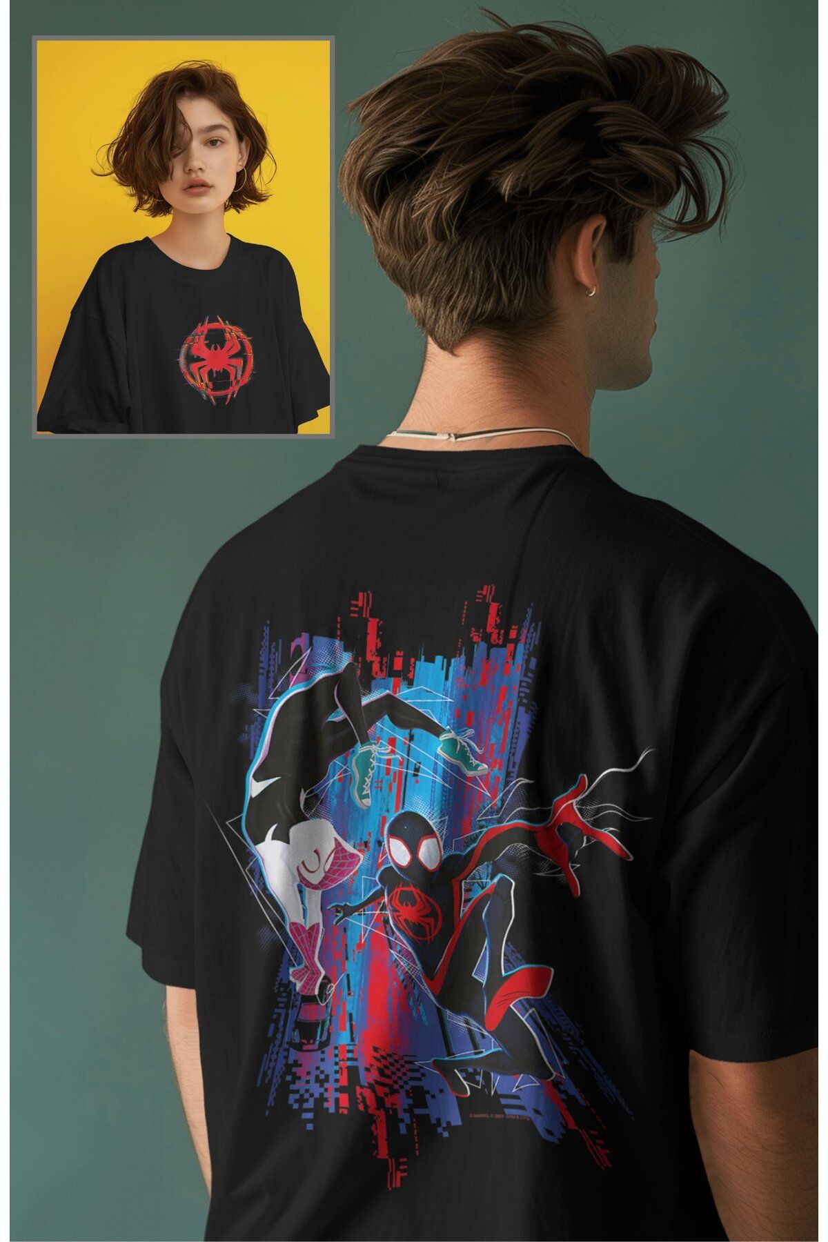 Fuddy Moda Unisex Super Hero Spider Sırt Baskılı Tişört, Oversize Örümcek Evreni Temalı T-Shirt