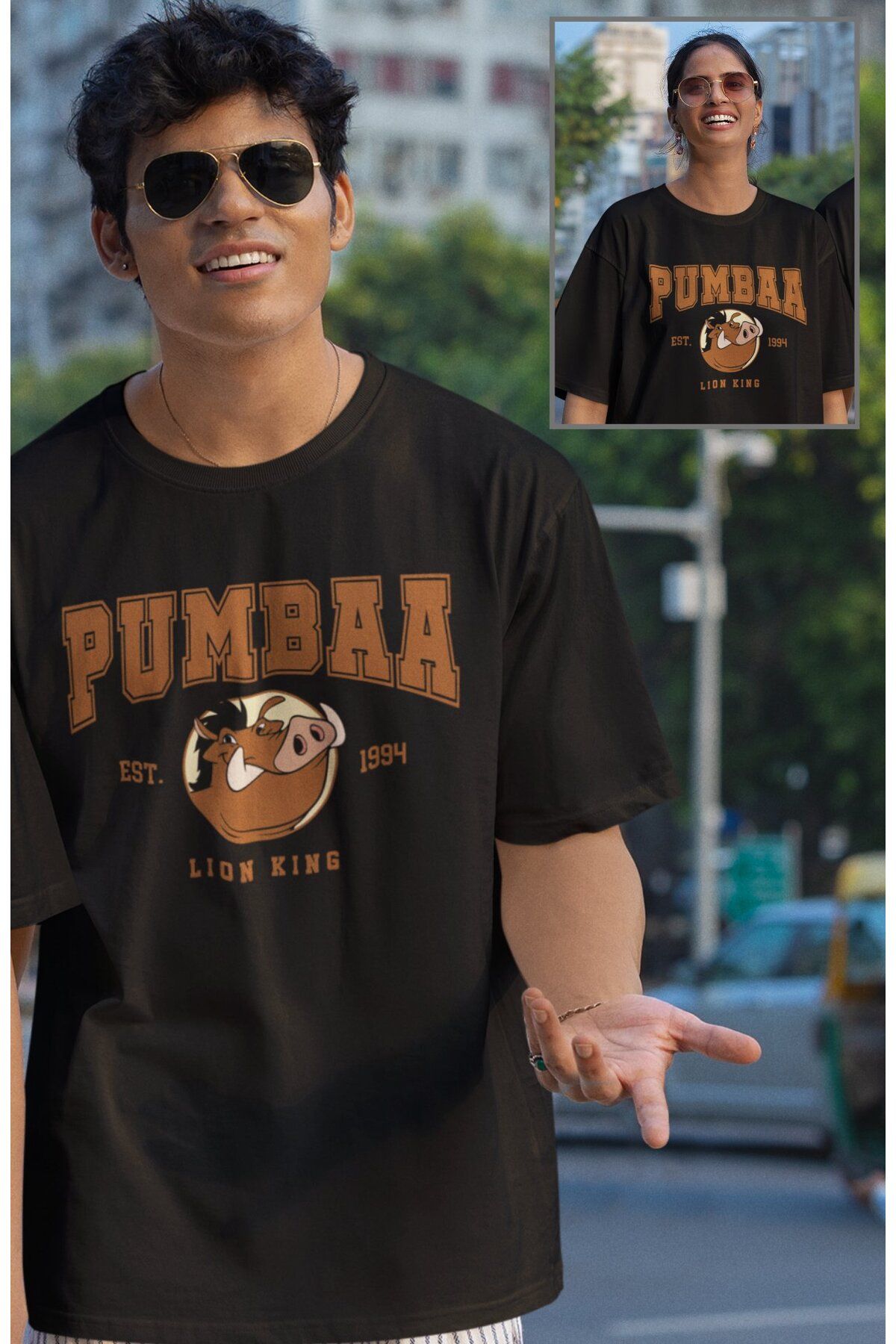 Fuddy Moda Unisex Pumbaa Baskılı Tişört, Oversize Çizgi Film Aslan Kral Temalı T-Shirt