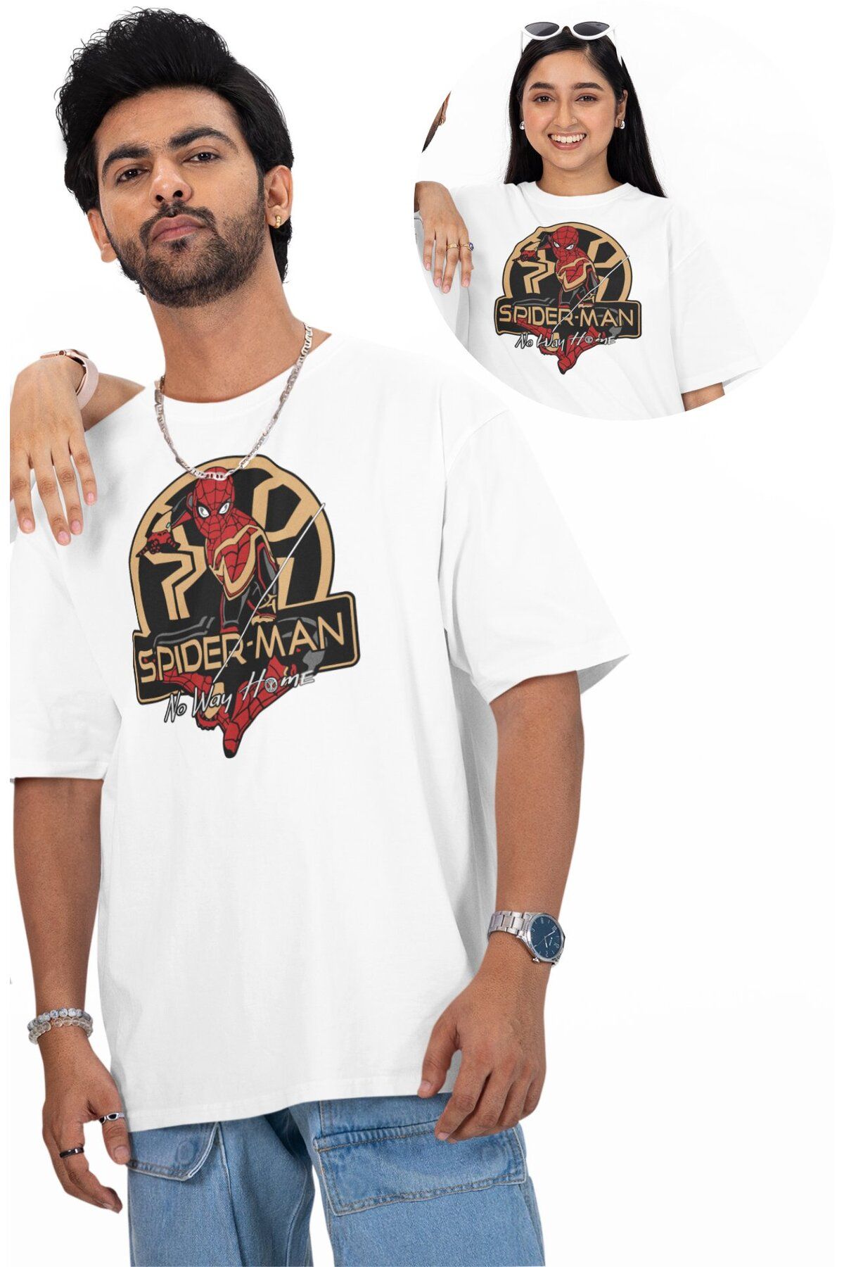 Fuddy Moda Unisex Süper Kahraman Örümcek Baskılı Tişört, Oversize No Way Home Yazılı T-Shirt