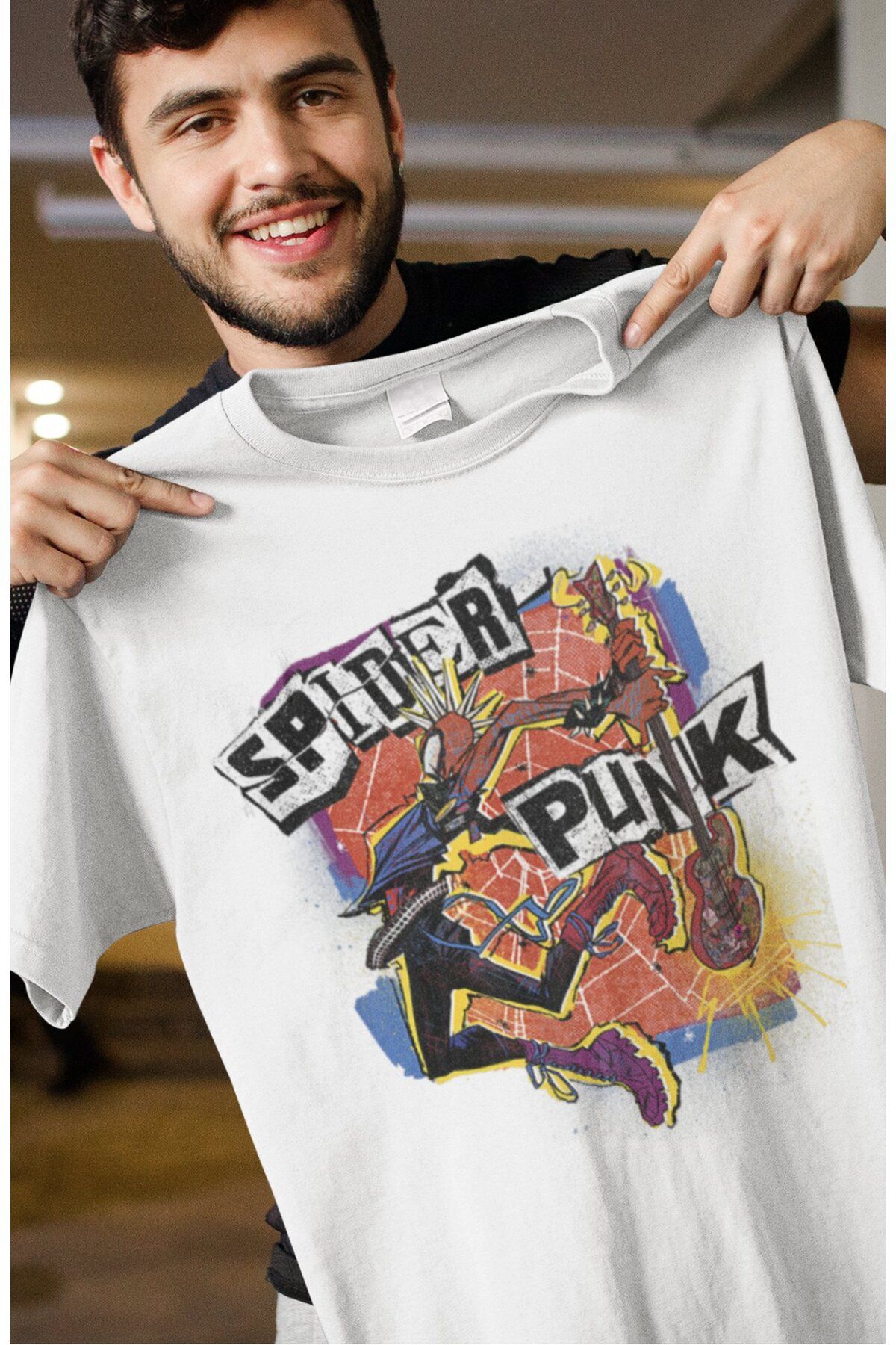 Fuddy Moda Unisex Spider Punk Baskılı Tişört, Oversize Örümcek Evreni Temalı T-Shirt