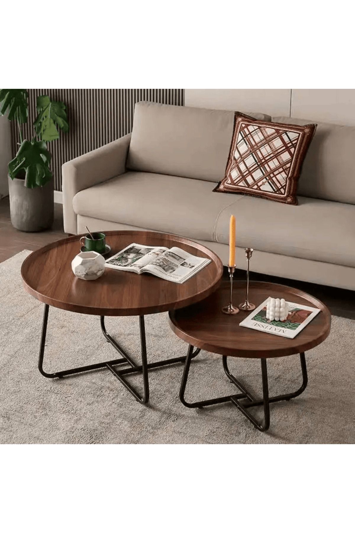 1st-Set of 2 Round Wooden Coffee Tables in Various Sizes with Metal Base 1