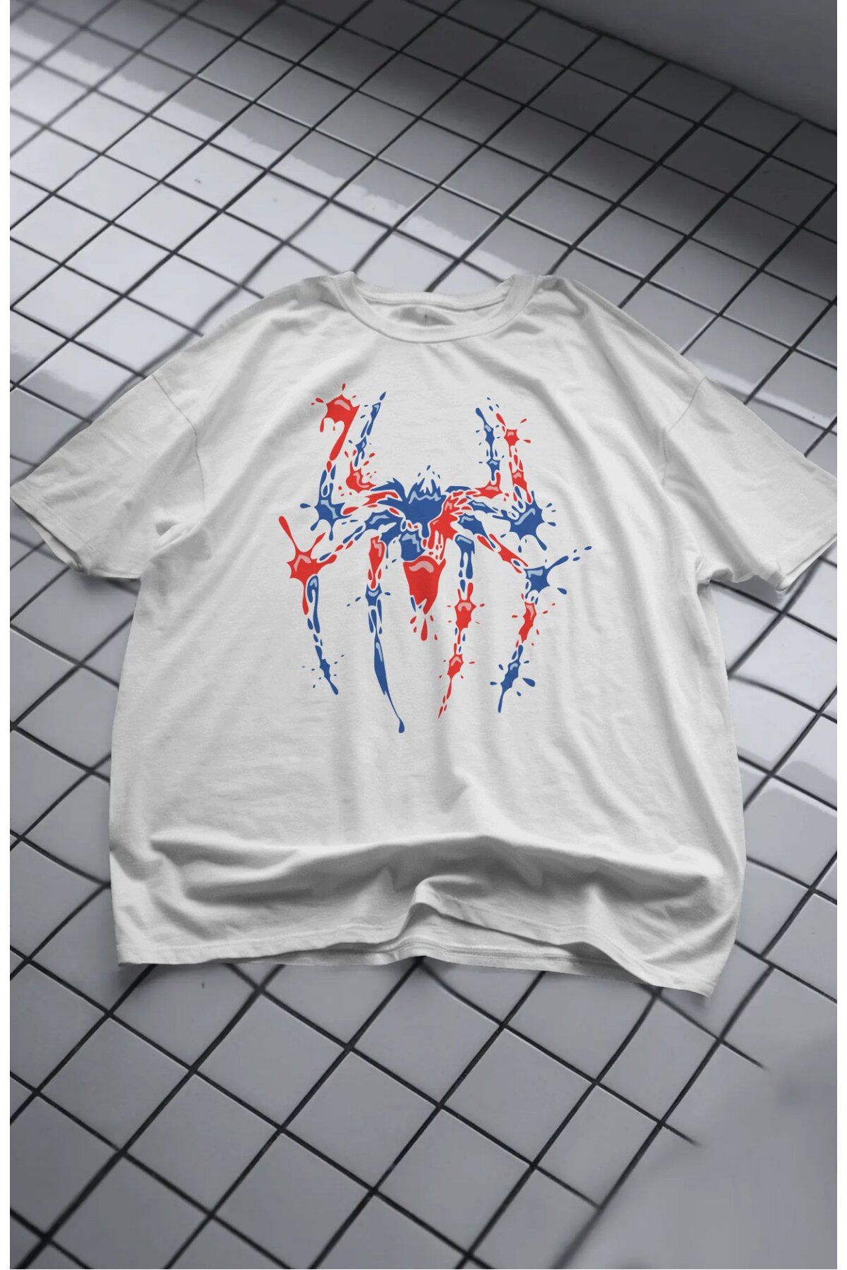 Fuddy Moda Unisex Kırmızı Mavi Örümcek Baskılı Tişört, Oversize Spider Temalı T-Shirt