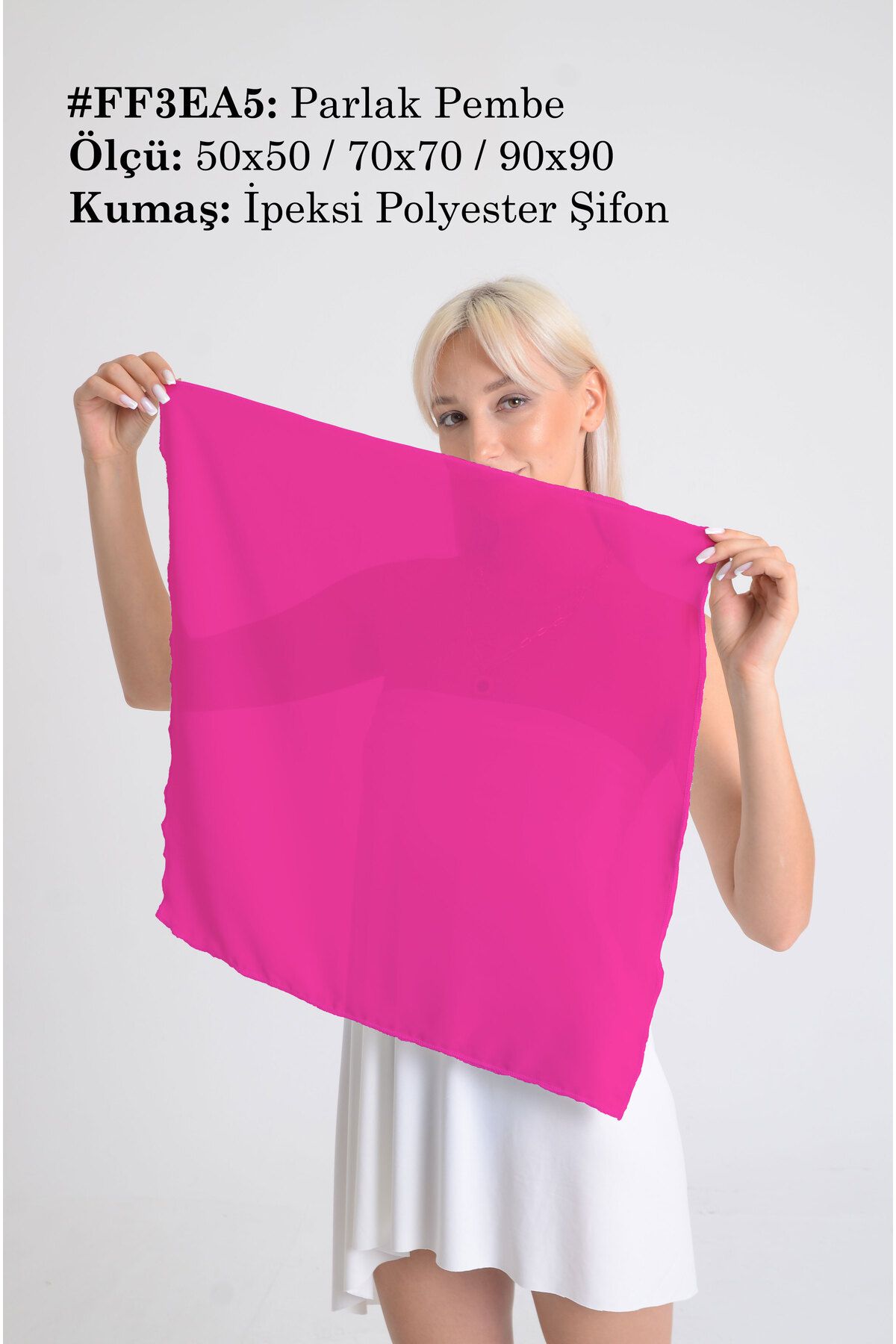 DESENİX Parlak Pembe Renk İpeksi Şifon Fular - Şal, Eşarp, Boyunluk - 50x50, 70x70, 90x90 cm