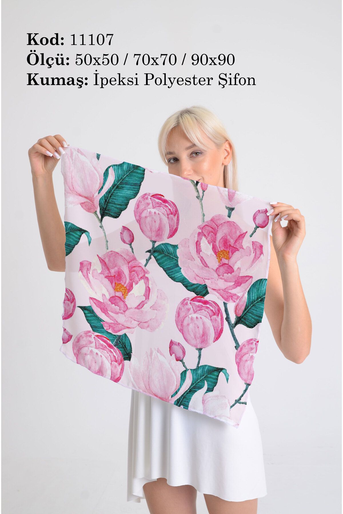 DESENİX Pembe Suluboya Çiçek Desenli İpeksi Şifon Fular - Şal, Eşarp, Boyunluk - 50x50, 70x70, 90x90 cm