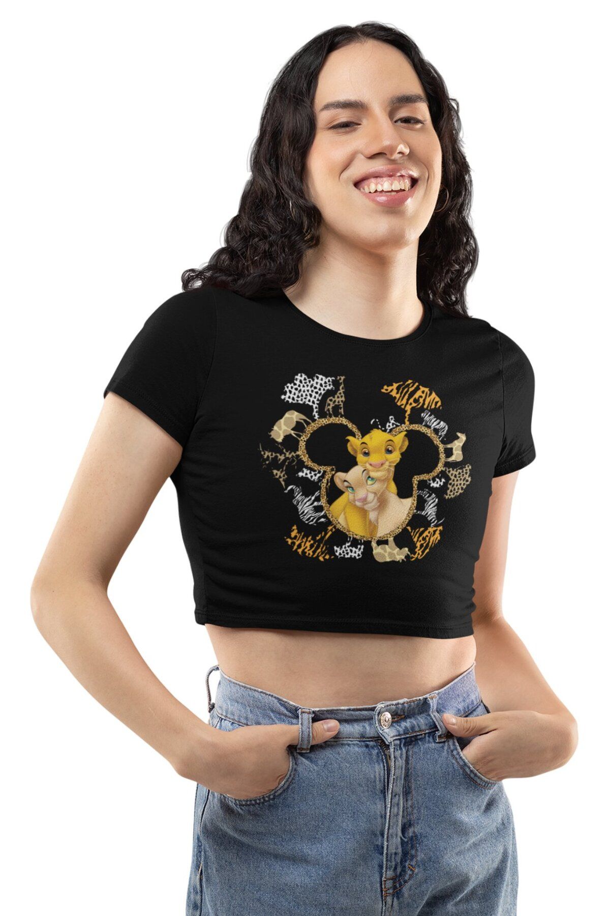 Fuddy Moda Kadın Lion King Baskılı Crop Top, Kız Çocuk Aslan Kral Çizgi Film Temalı Crop Bluz