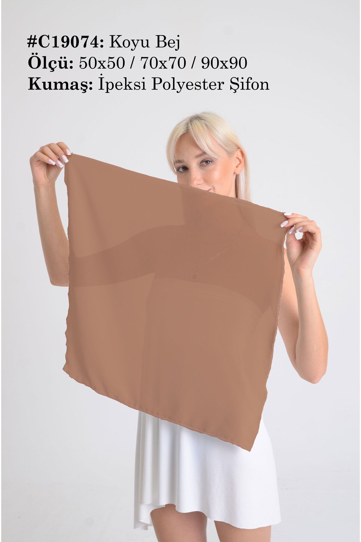 DESENİX Koyu Bej Renk İpeksi Şifon Fular - Şal, Eşarp, Boyunluk - 50x50, 70x70, 90x90 cm