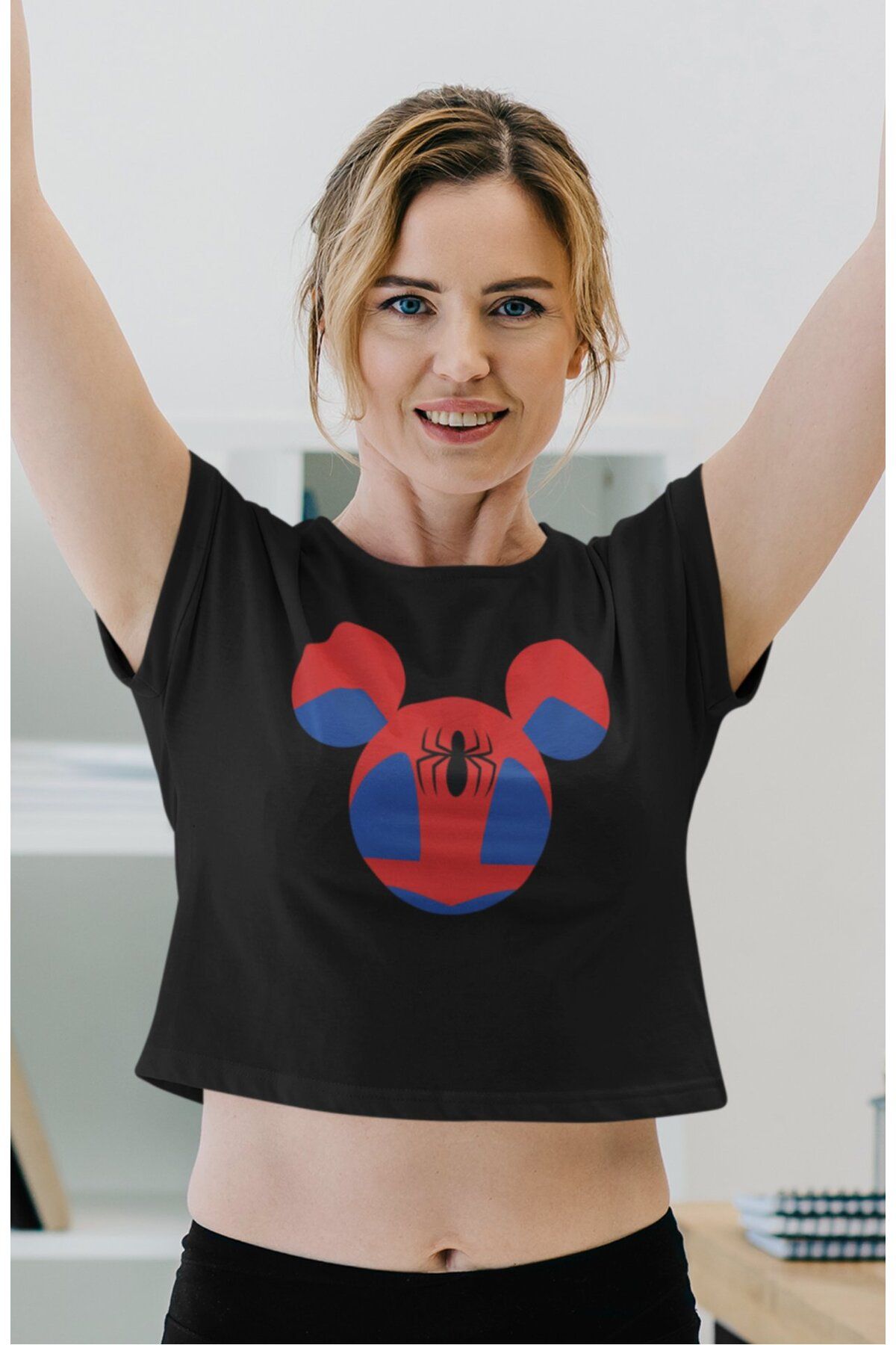 Fuddy Moda Kadın Spider Baskılı Crop Top, Kız Çocuk Örümcek Temalı Crop Bluz