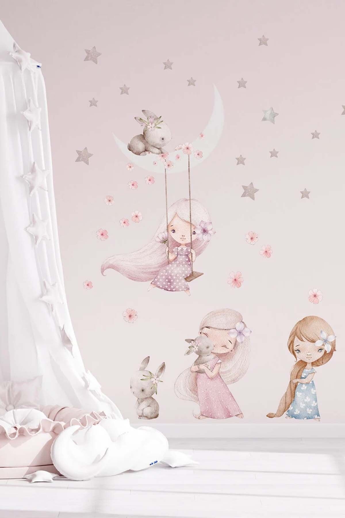 KT Decor Peri Masalı Sevimli Minik Periler ve Tavşanlar Çocuk Odası Duvar Sticker Seti