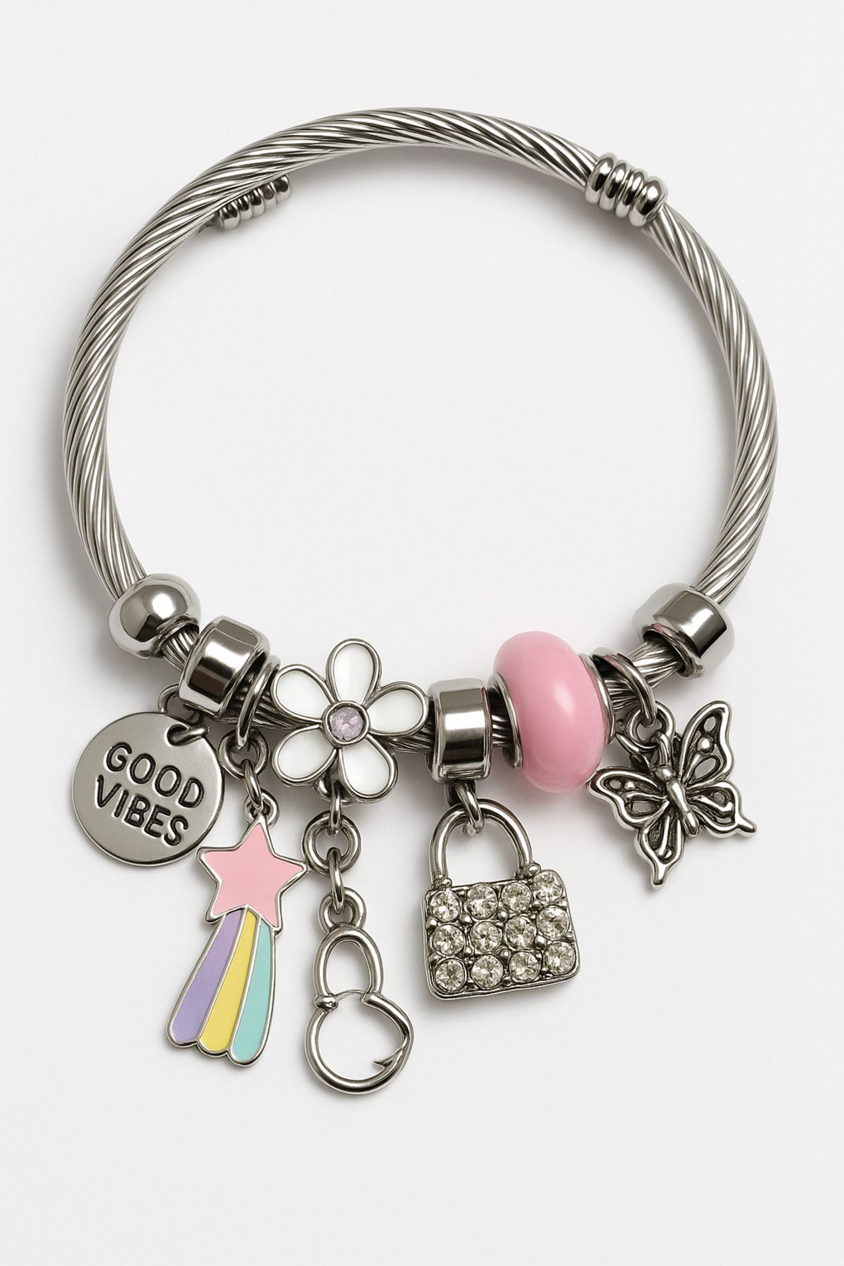 MakeWell Charm'lı Çelik Kiraz Çilek Kelebek Deniz Kabuğu Kalp Yıldız Tasarımlı Charm'lı Çelik Bileklikler