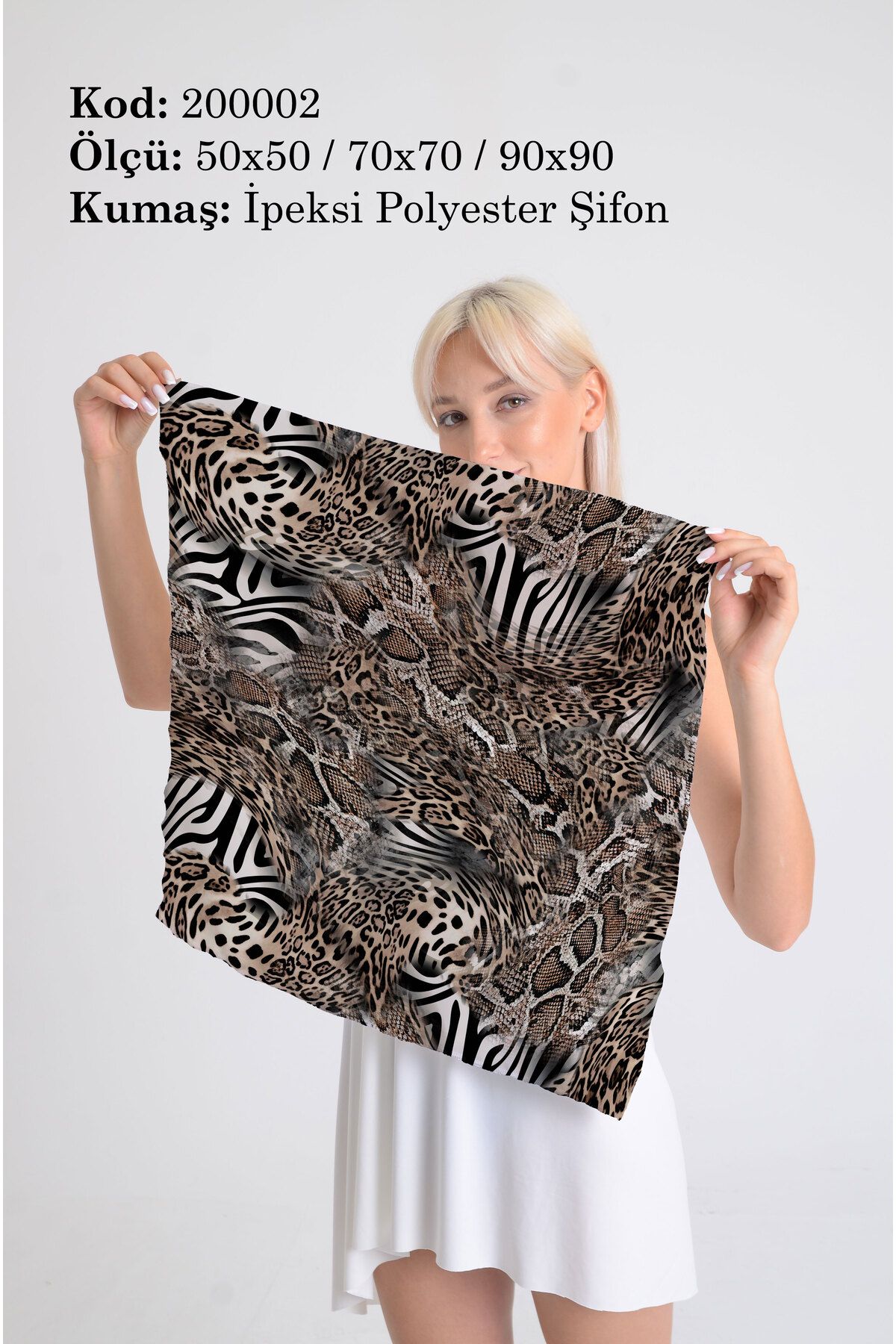 DESENİX Leopar, Yılan, Zebra Üçlüsü Desenli İpeksi Şifon Fular - Şal, Eşarp, Boyunluk -50x50, 70x70, 90x90cm