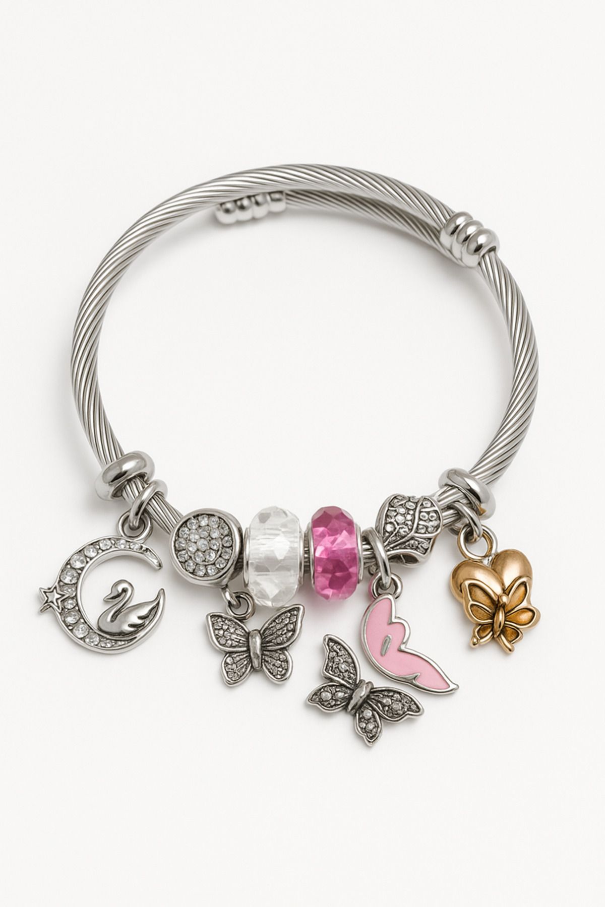 MakeWell Charm'lı Çelik Kiraz Çilek Kelebek Deniz Kabuğu Kalp Yıldız Tasarımlı Charm'lı Çelik Bileklikler