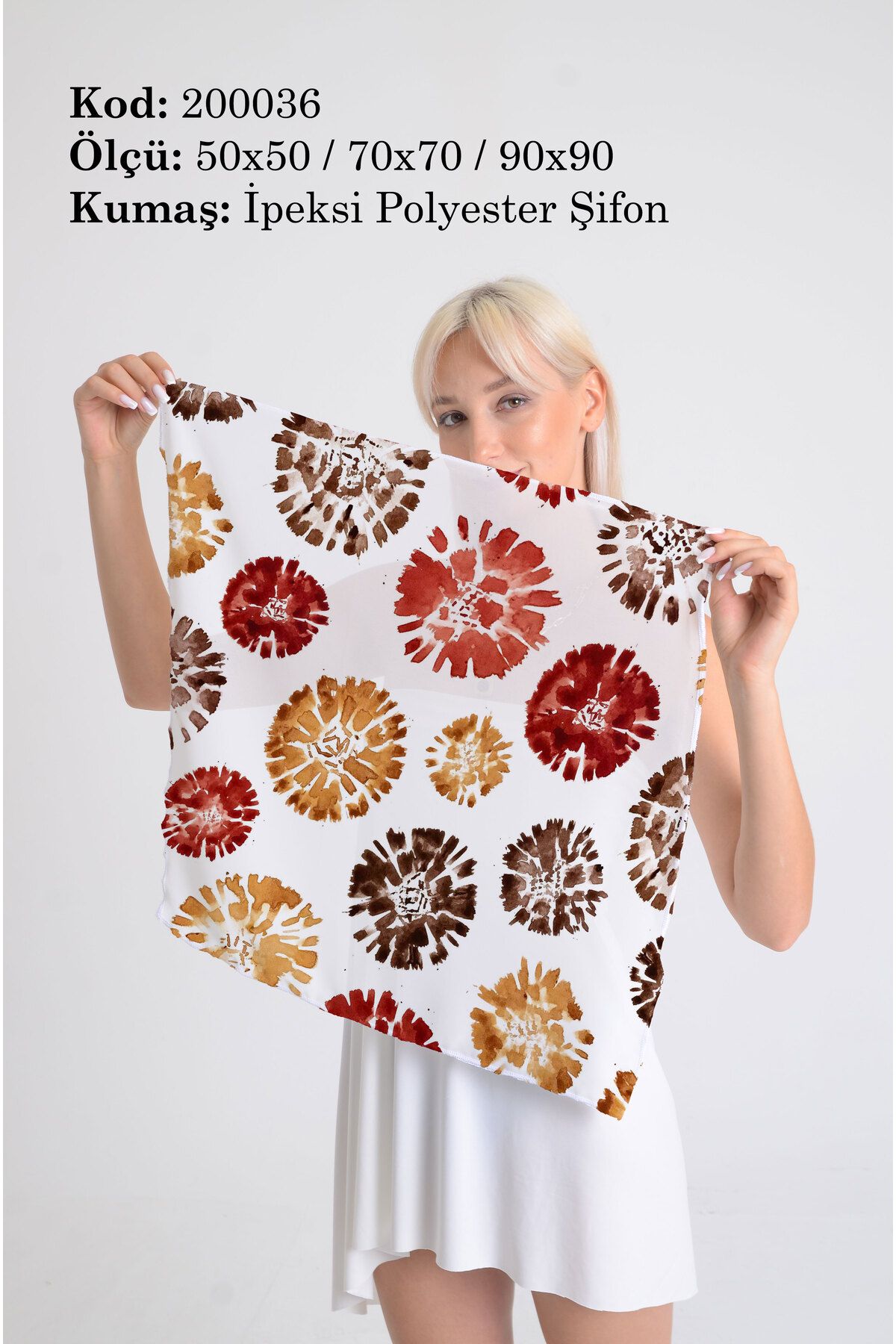DESENİX Batik Çiçekler Desenli İpeksi Şifon Fular - Şal, Eşarp, Boyunluk -50x50, 70x70, 90x90 cm