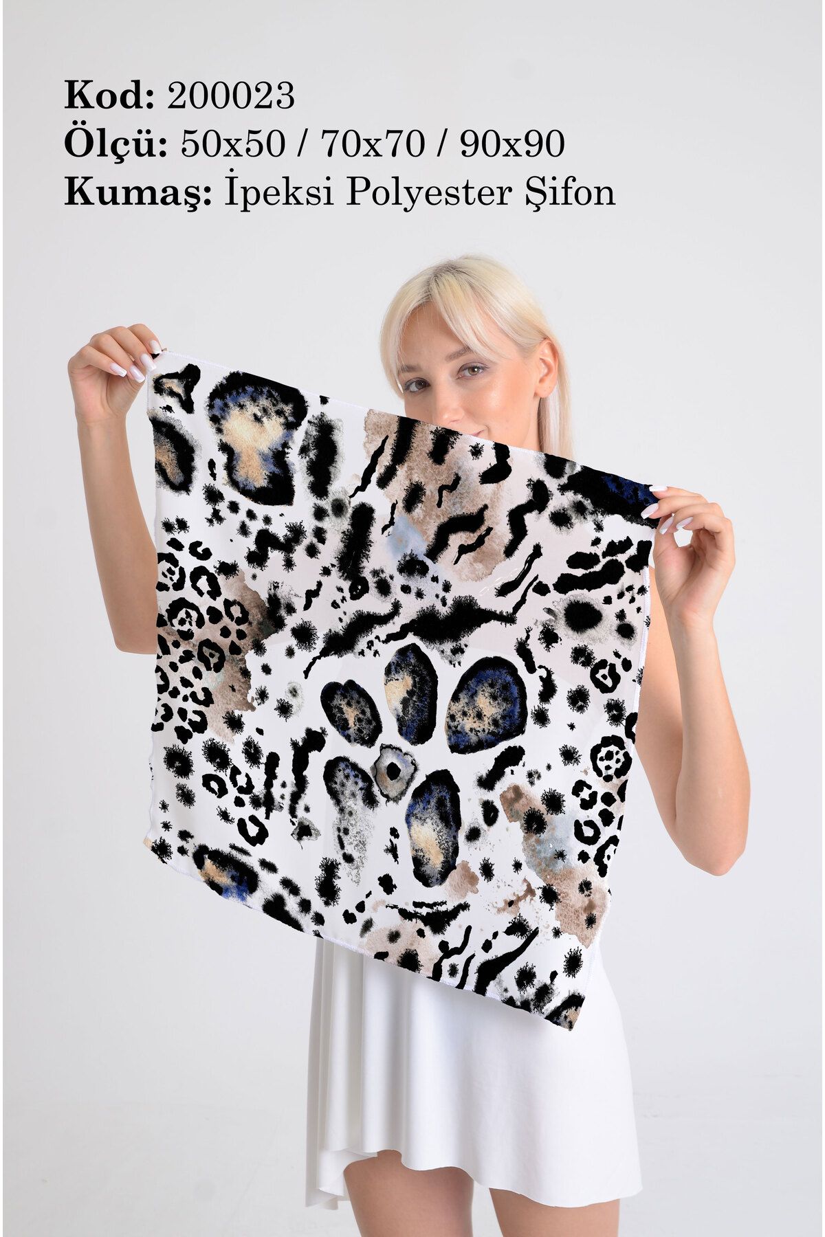 DESENİX Modern Suluboya Leopar Desenli İpeksi Şifon Fular - Şal, Eşarp, Boyunluk -50x50, 70x70, 90x90 cm