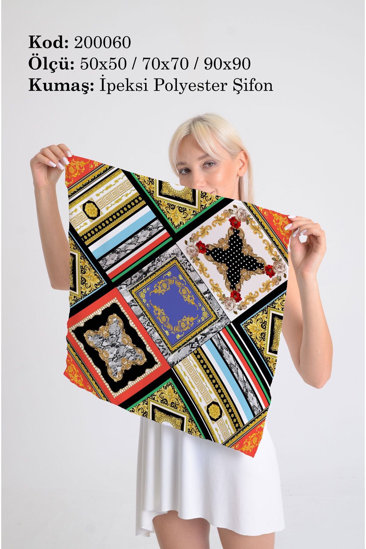 DESENİX Patchwork Desenli İpeksi Şifon Fular - Şal, Eşarp, Boyunluk -50x50, 70x70, 90x90 cm