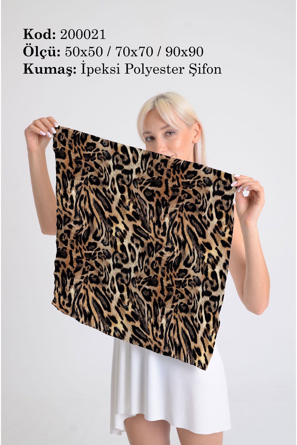 DESENİX Tüylü Leopar Desenli İpeksi Şifon Fular - Şal, Eşarp, Boyunluk - 50x50, 70x70, 90x90 cm