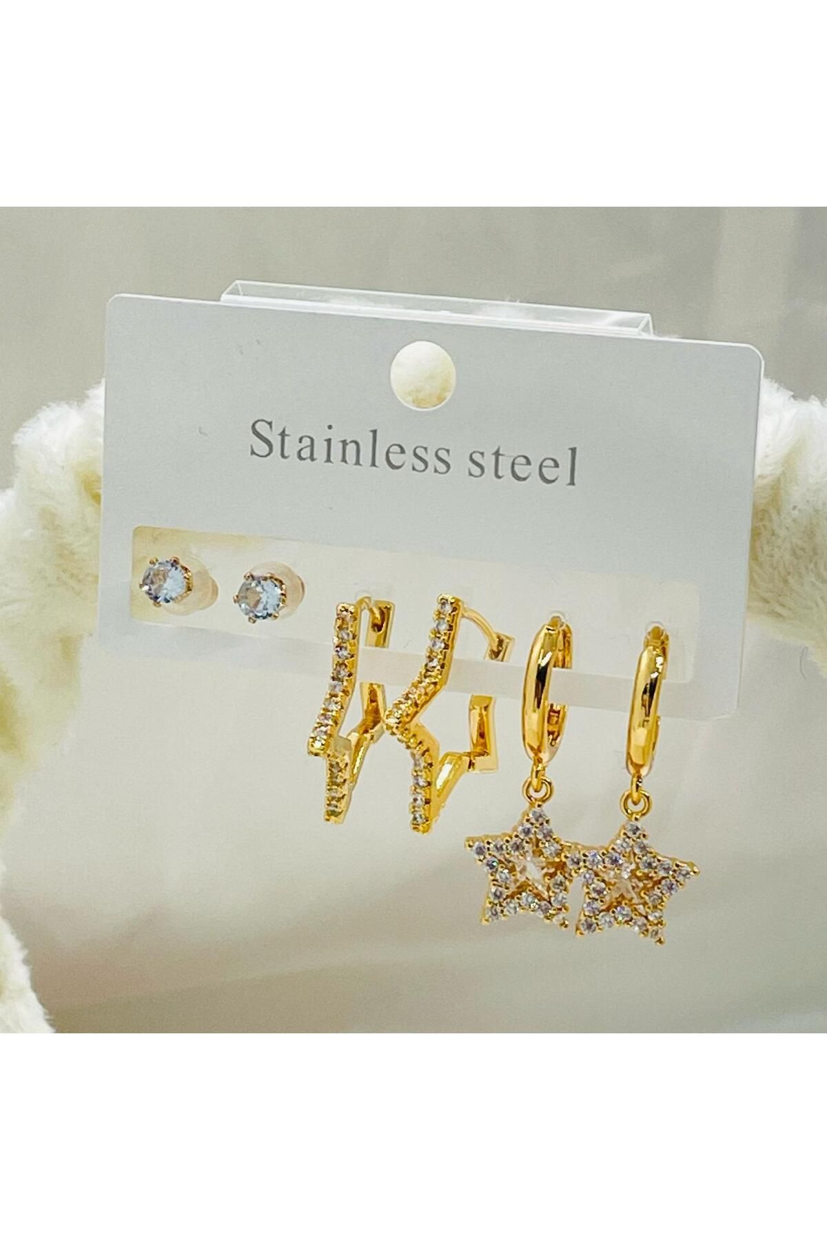 melif accesories Gold Renk Yıldız Temalı 3'lü Çelik Küpe Seti | Eşsiz Yıldız Figürü | Parlak Taş Detaylı Aksesuar