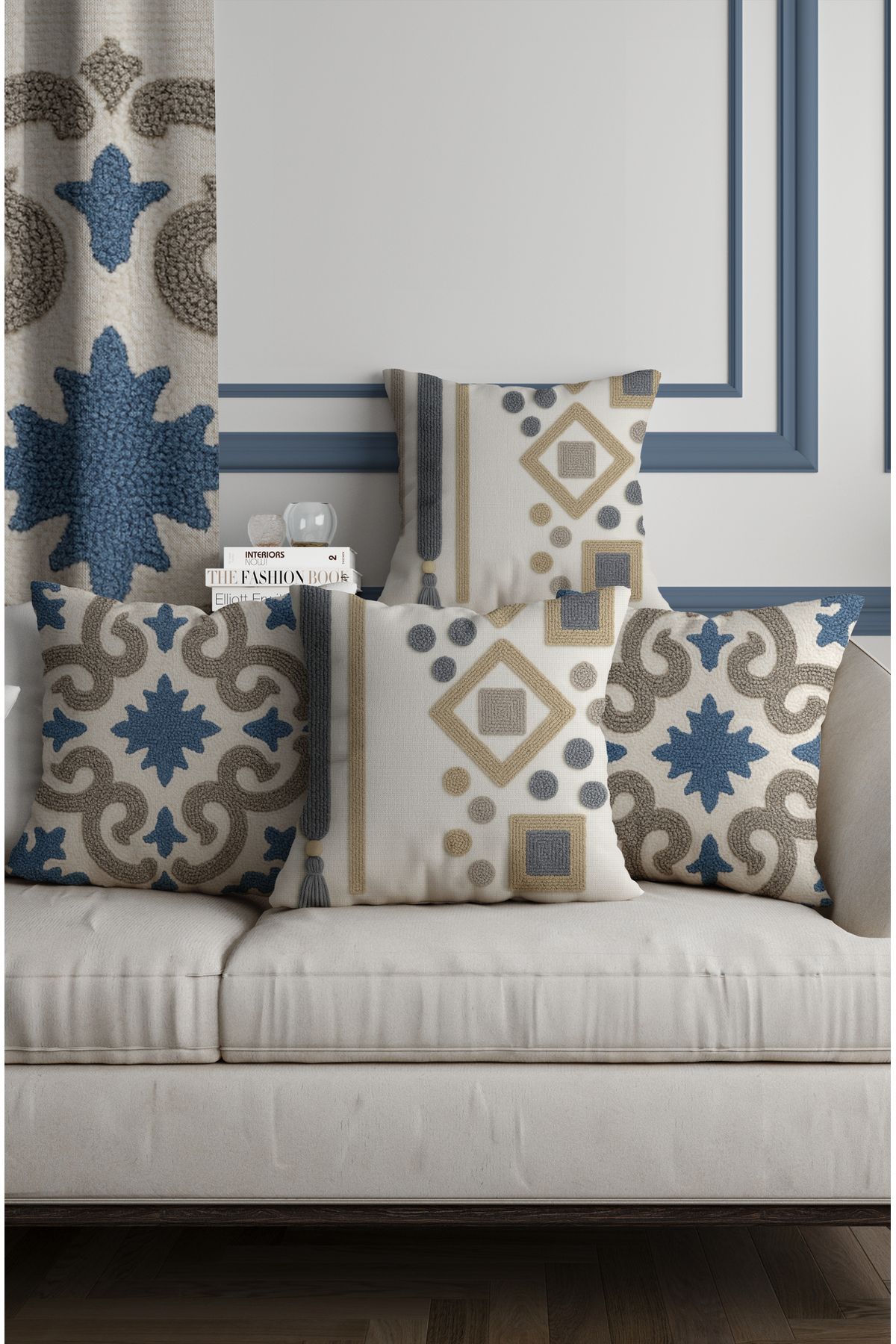 ALAMODECOR Punch Nakış Desenli geometrik şekiller Çift Taraflı Dijital Baskılı 4lü Kırlent Kılıfı Seti