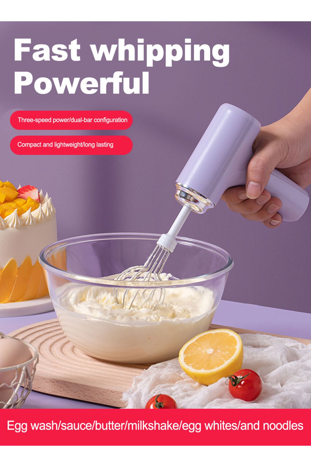 Sunhome-Hand Mixer, Cordless Electric Whisk with 3-Speed Self-Control, for Butter Tarts, Cakes, Cookies 4