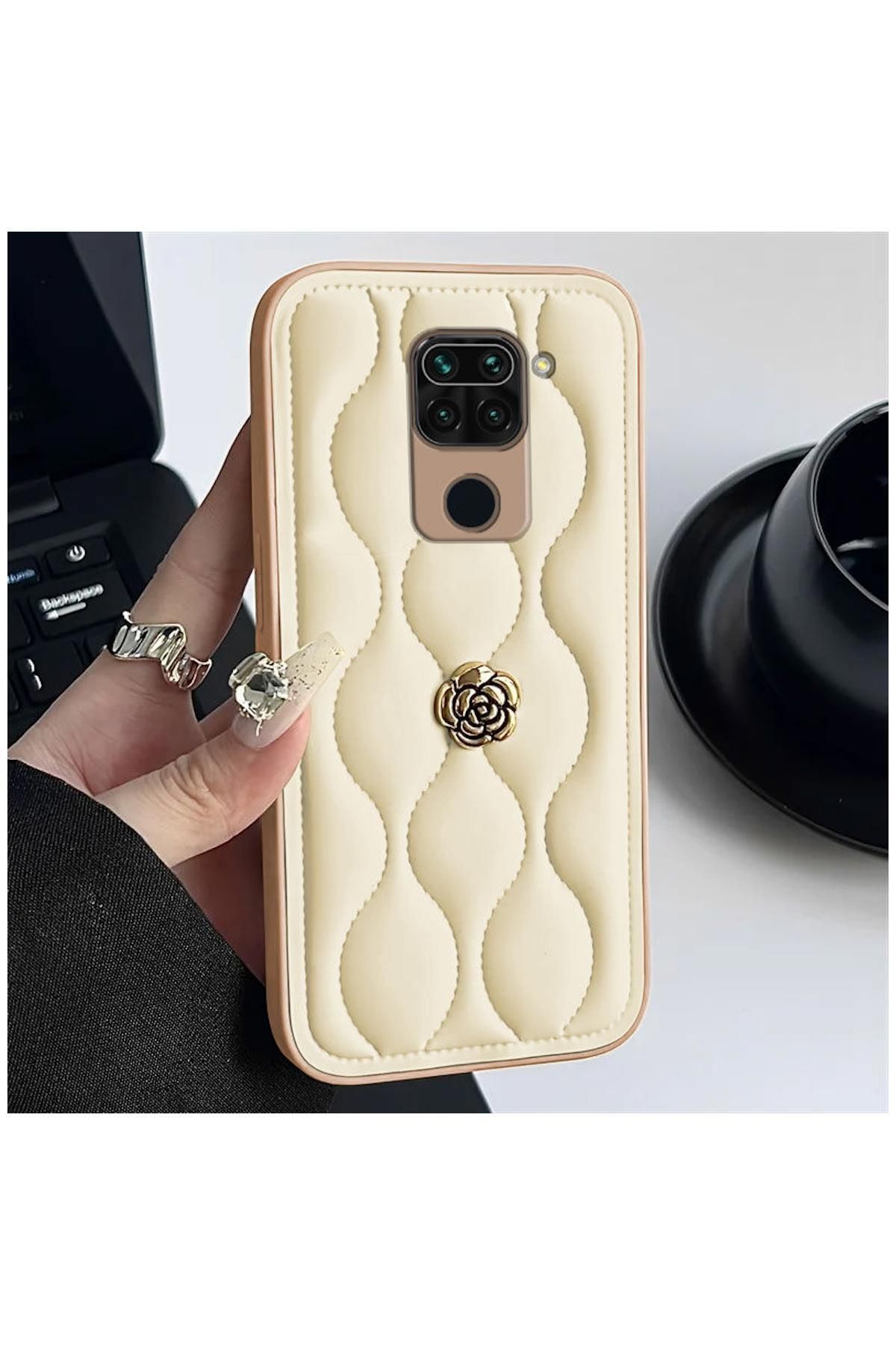 Pro Aksesuar Xiaomi Redmi Note 9 Uyumlu Kılıf Çiçekli Dalgalı Deri Kılıf Bej