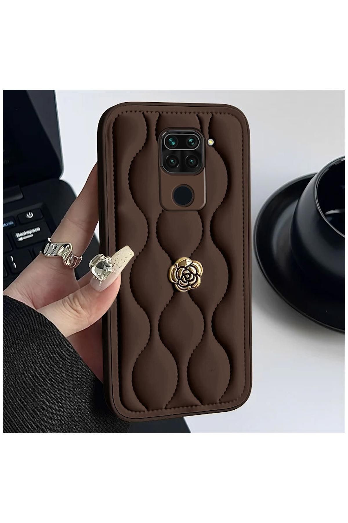 Pro Aksesuar Xiaomi Redmi Note 9 Uyumlu Kılıf Çiçekli Dalgalı Deri Kılıf Kahverengi