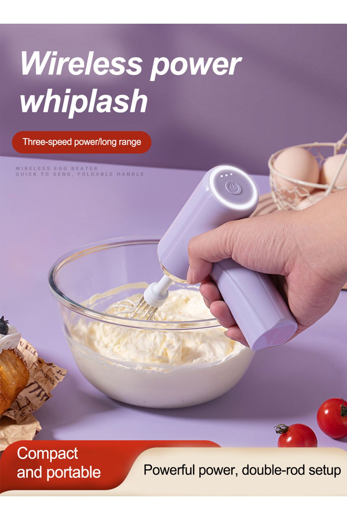 Sunhome-Hand Mixer, Cordless Electric Whisk with 3-Speed Self-Control, for Butter Tarts, Cakes, Cookies 5