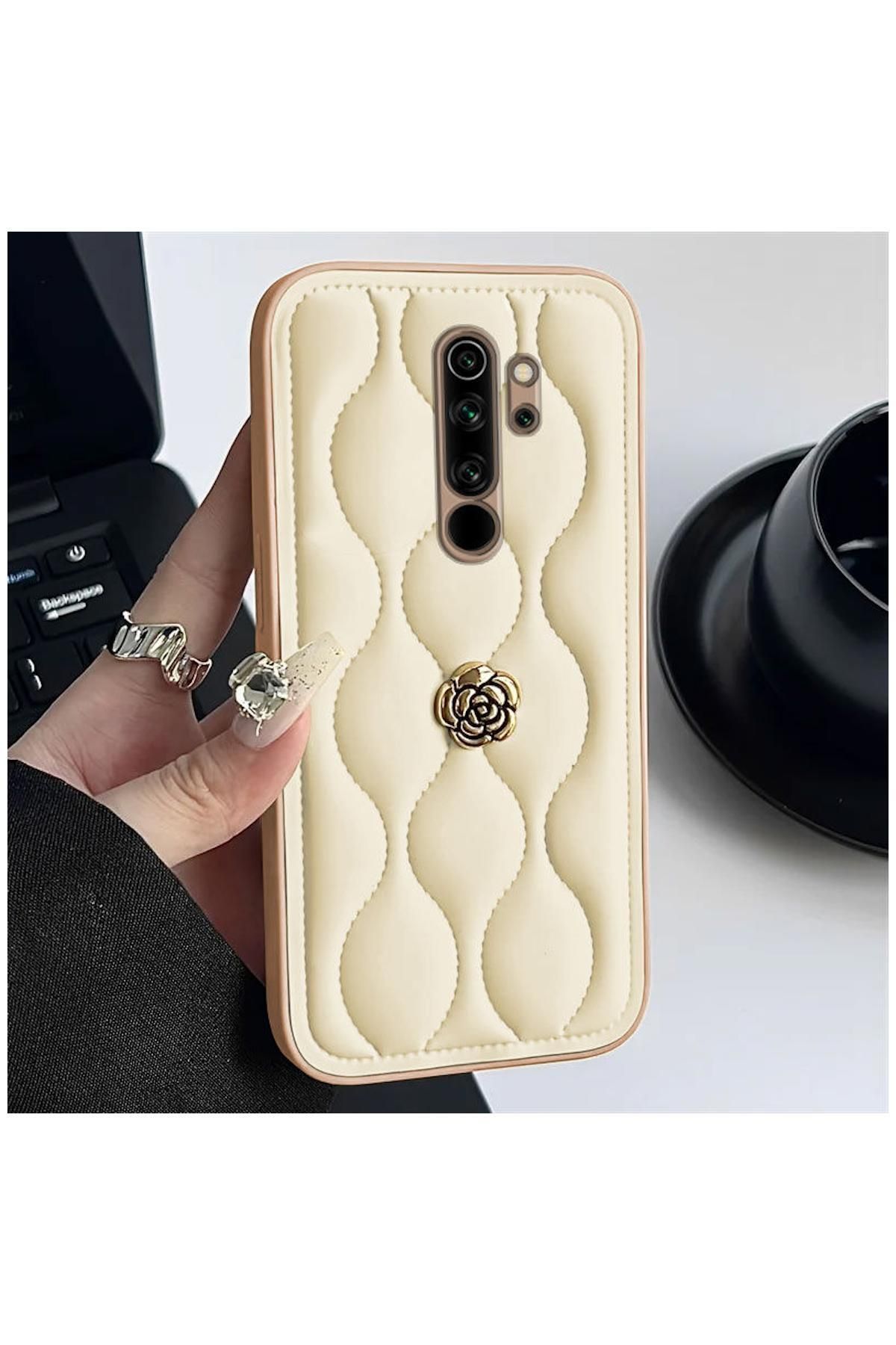 Pro Aksesuar Xiaomi Redmi Note 8 Pro Uyumlu Kılıf Çiçekli Dalgalı Deri Kılıf Bej