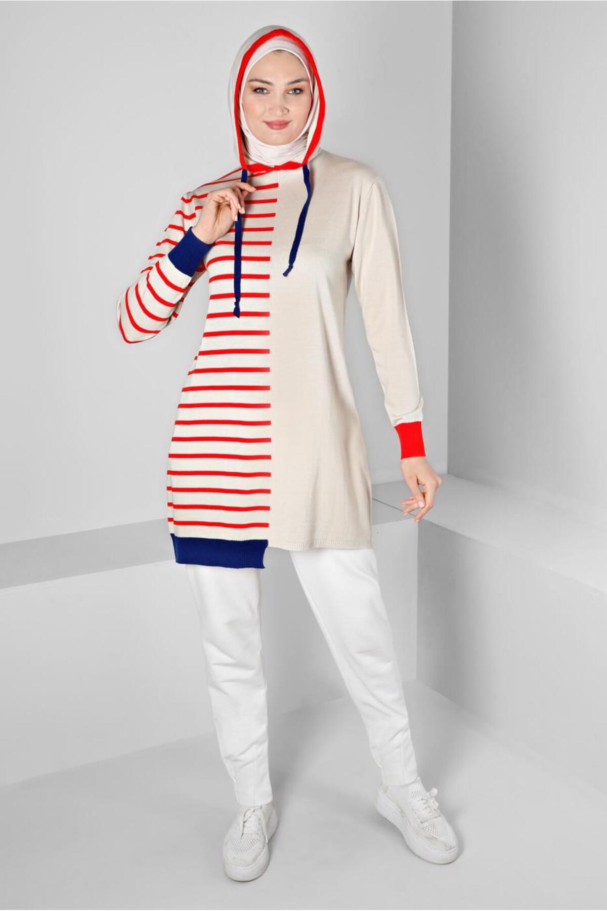 آلوینا تونیک بافتنی کلاه‌دار راه‌راه کد ۴۳۱۷۹