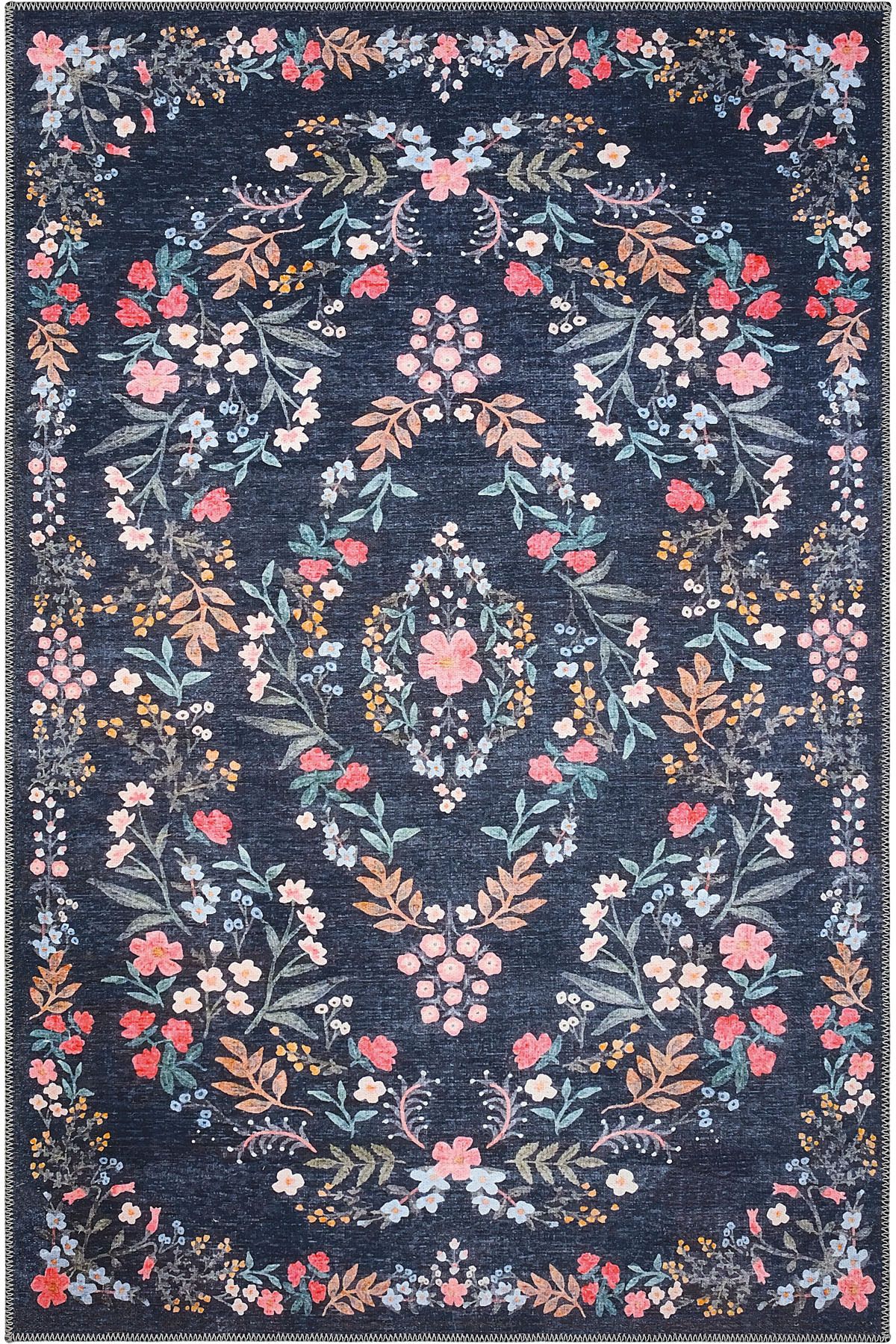 Cool Halı Daisy Gece Mavisi Bohem Halı Makinede Yıkanabilen Çiçekli Dokuma Şönil Halı Vintage Ev Oda Halısı