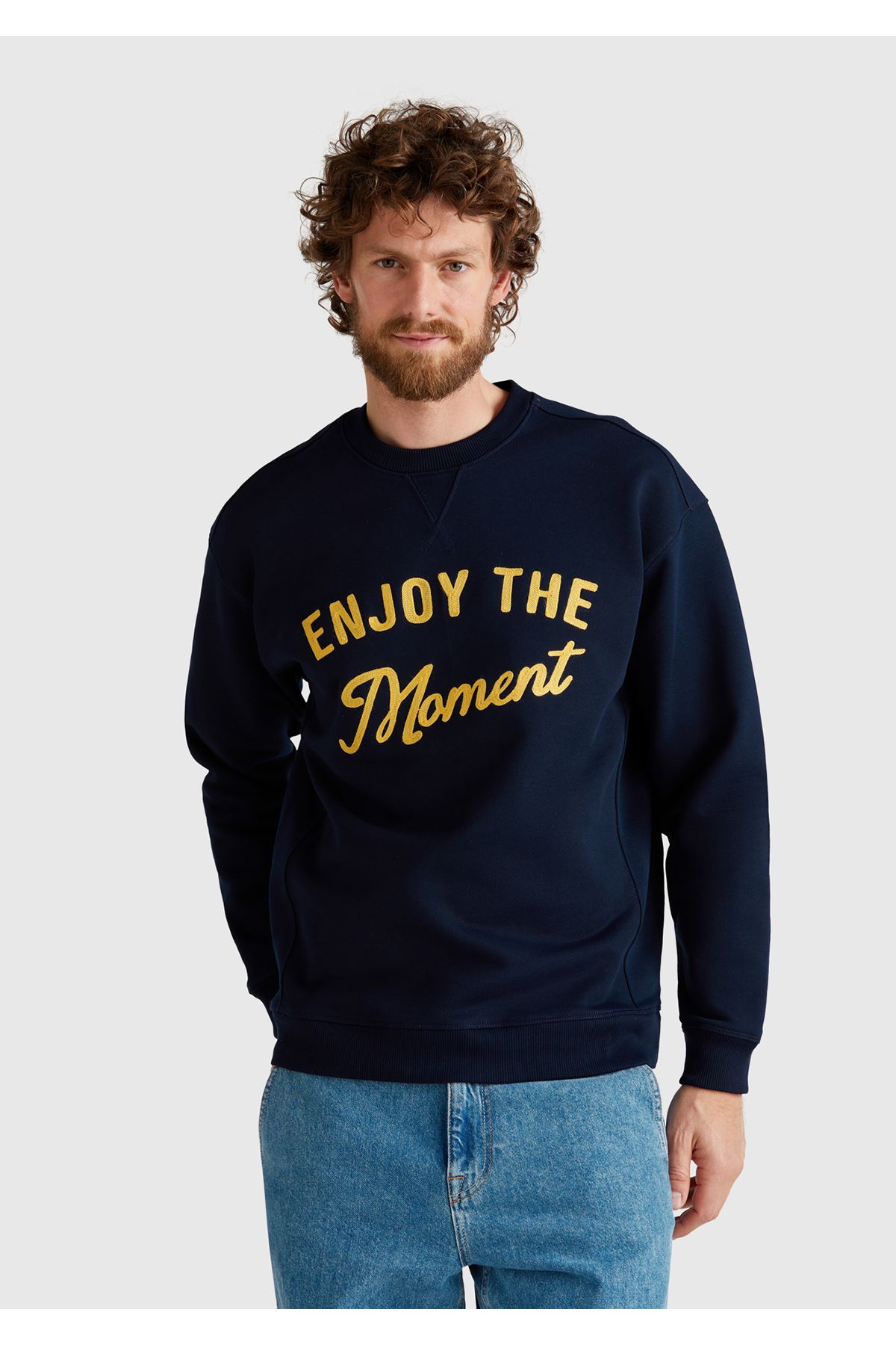 United Colors of Benetton Erkek Lacivert Pamuk Karışımlı Önü Yazı Baskılı Relax Fit Sweatshirt