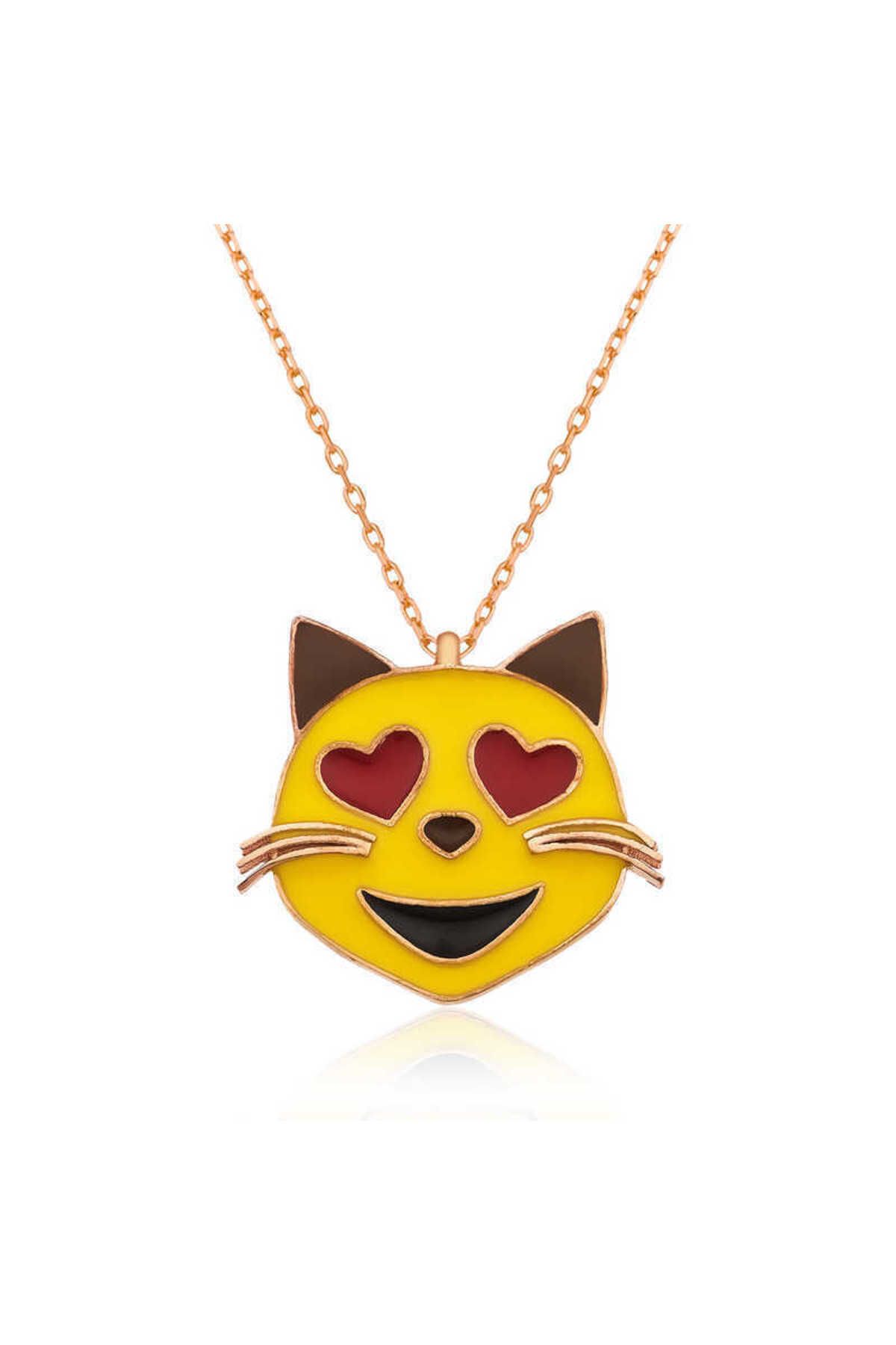 S PAZARIM Gümüş Kalp Gözlü Kedi Emoji Kolye