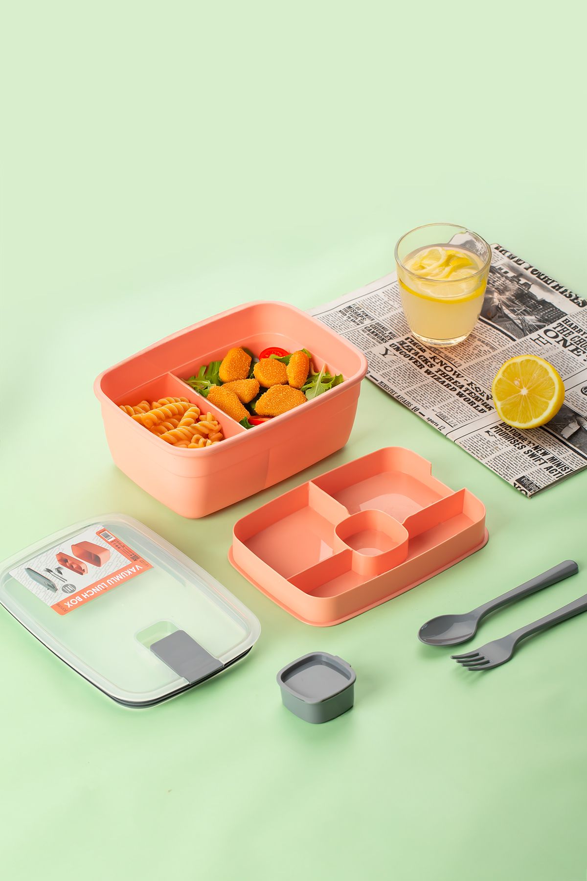 Porsima-3193 Vacuum Self-Feeding Lunch Box with Spoon, Fork and Sauce Bowl - 2-Tier Lunch Box - Lunch Box 3