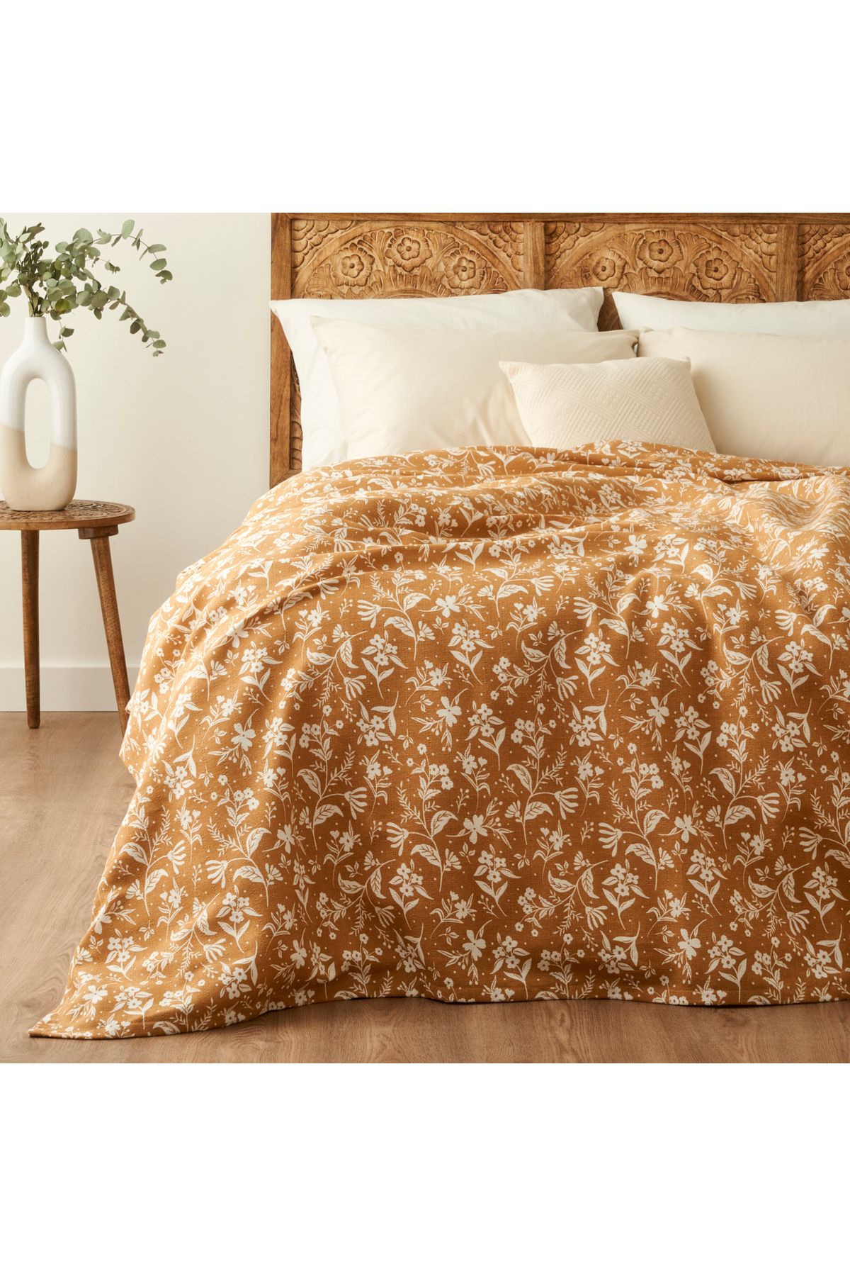 Bella Maison Heather Pamuklu Çift Kişilik Baskılı Pike Hardal (200x220 cm)