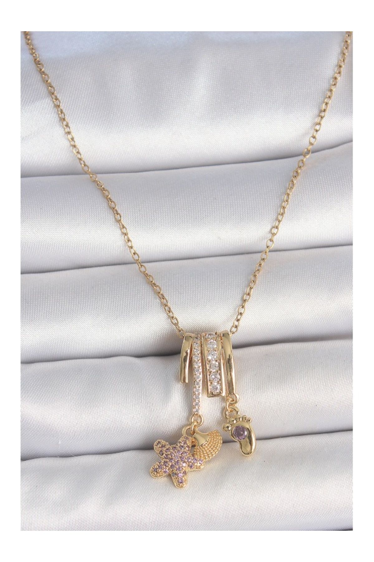 Clariss 316L Çelik Gold Renk Sallantı Zirkon Taşlı Mor Taşlı Ayıcık Figür Charm Kadın Kolye
