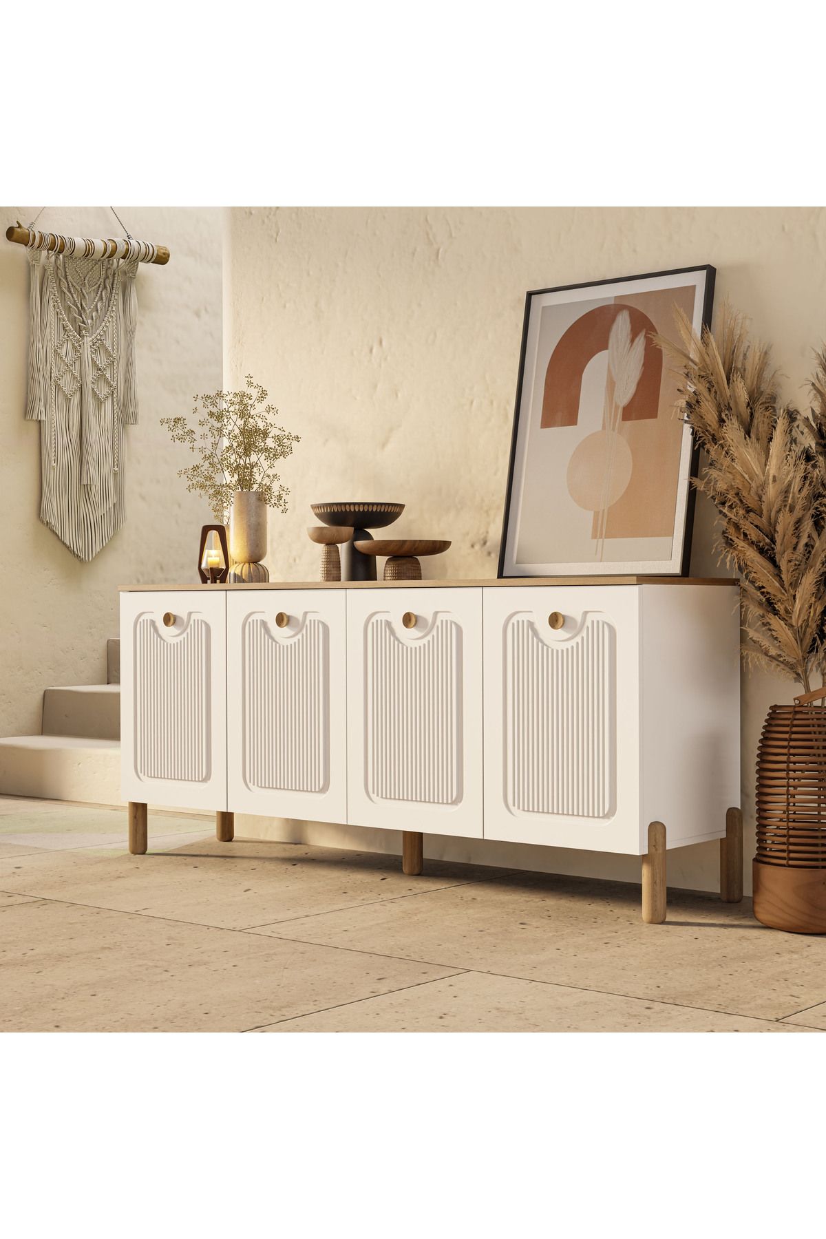 Mezza 1740 Napoli 180 Cm (Membran MDF Kapaklı) Bohem Konsol Sepet - Beyaz