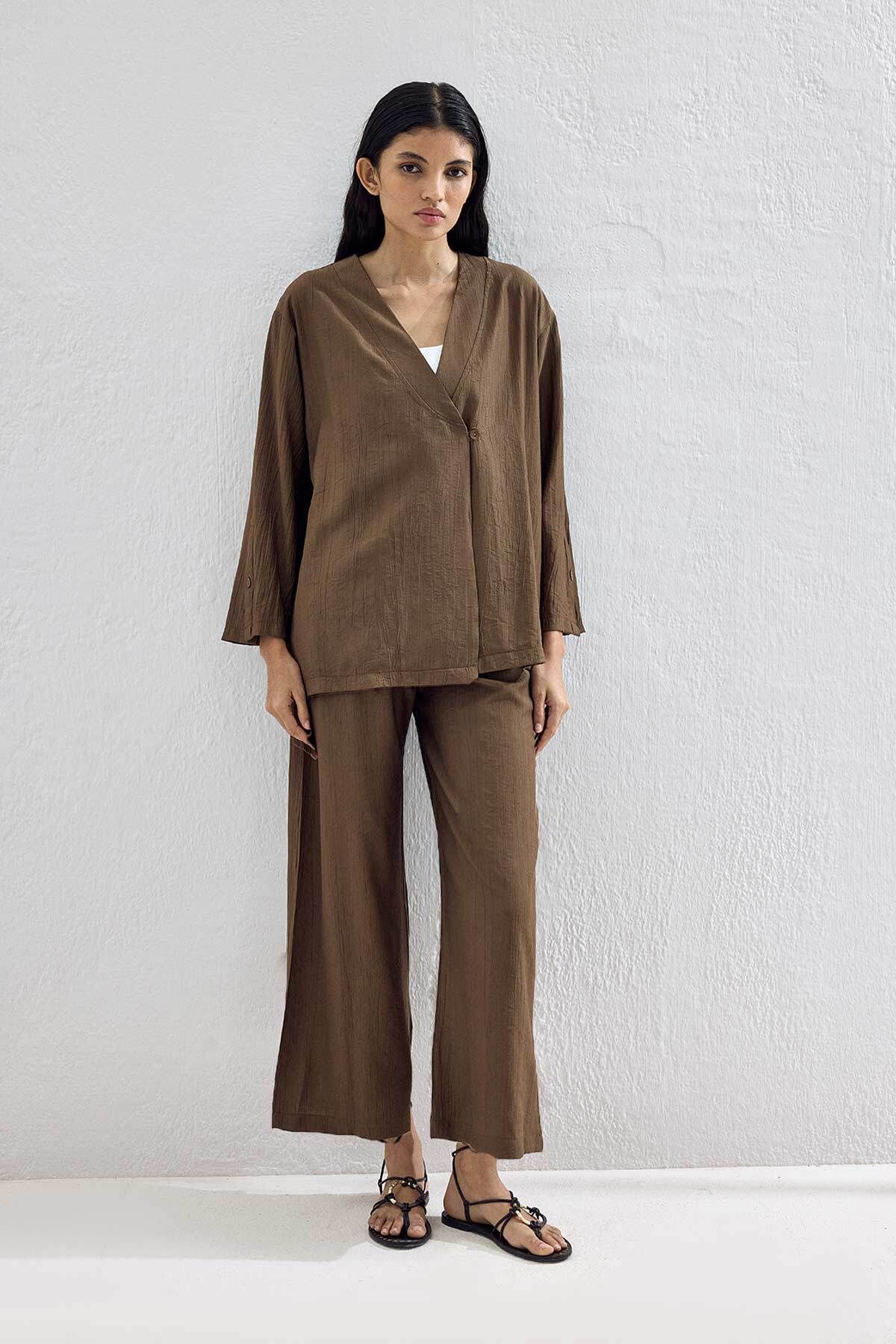 Hooopstore Düğmeli Premium Kimono Kahve Pantolon Takım