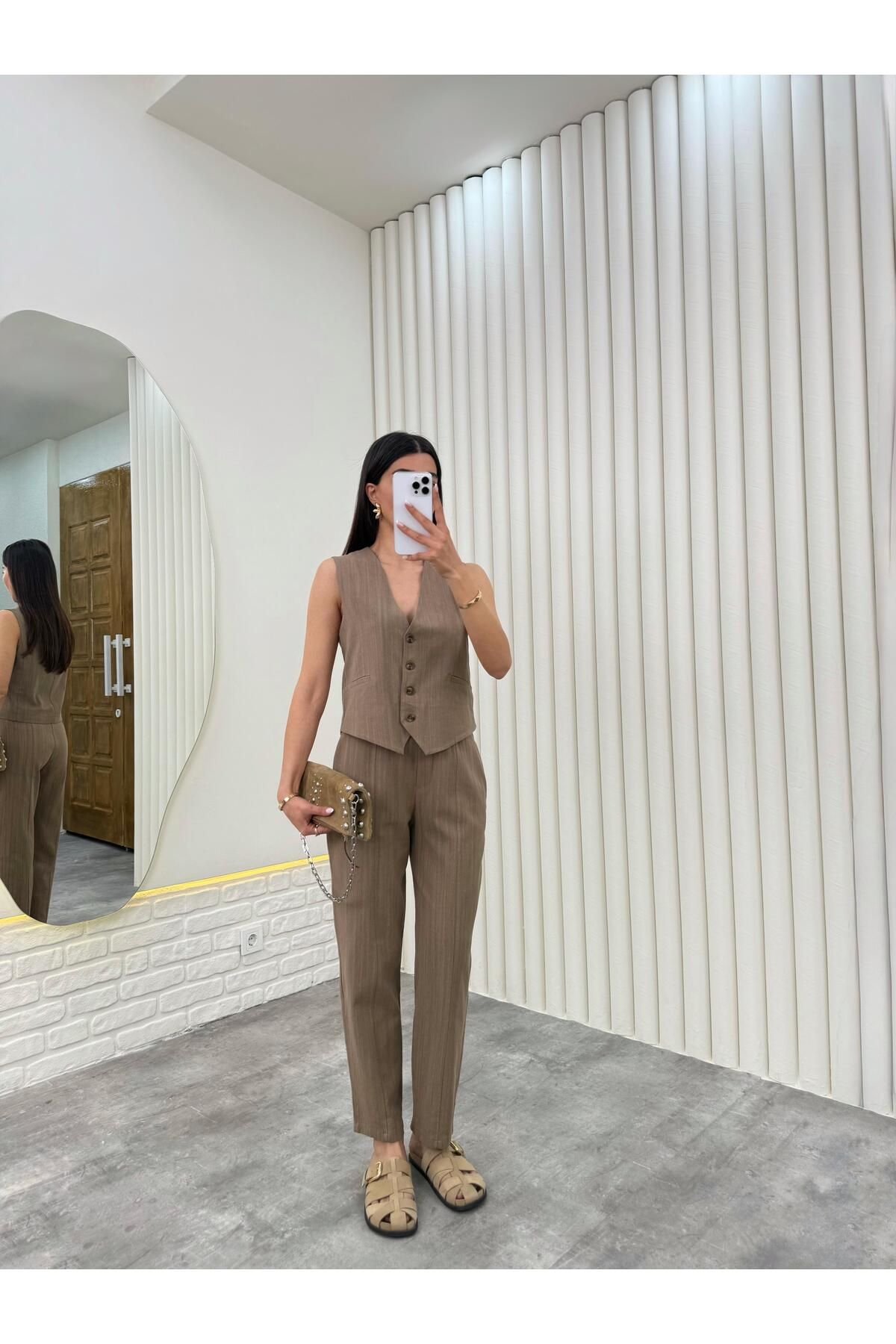 Gaus Kahve Yelekli Beli Lastikli Pantolon İkili Keten Takım Gaus00276